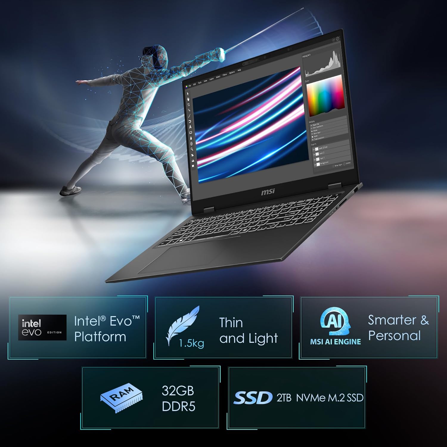 Laptop MSI Prestige 16 AI Evo: Intel Ultra 7-155H, wyświetlacz OLED 16 UHD, 32 GB DDR5, 2 TB NVMe SSD, HDMI, czytnik kart SD, Win 11 Pro: Stellar Grey B1MG-020US