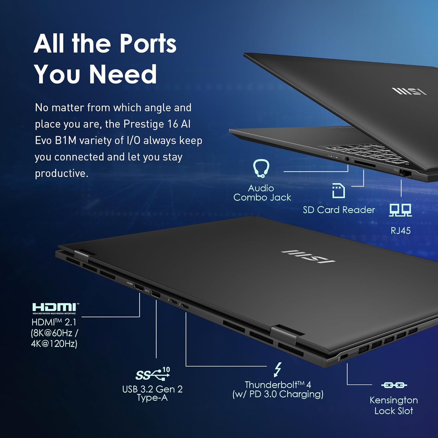 Laptop MSI Prestige 16 AI Evo: Intel Ultra 7-155H, wyświetlacz OLED 16 UHD, 32 GB DDR5, 2 TB NVMe SSD, HDMI, czytnik kart SD, Win 11 Pro: Stellar Grey B1MG-020US