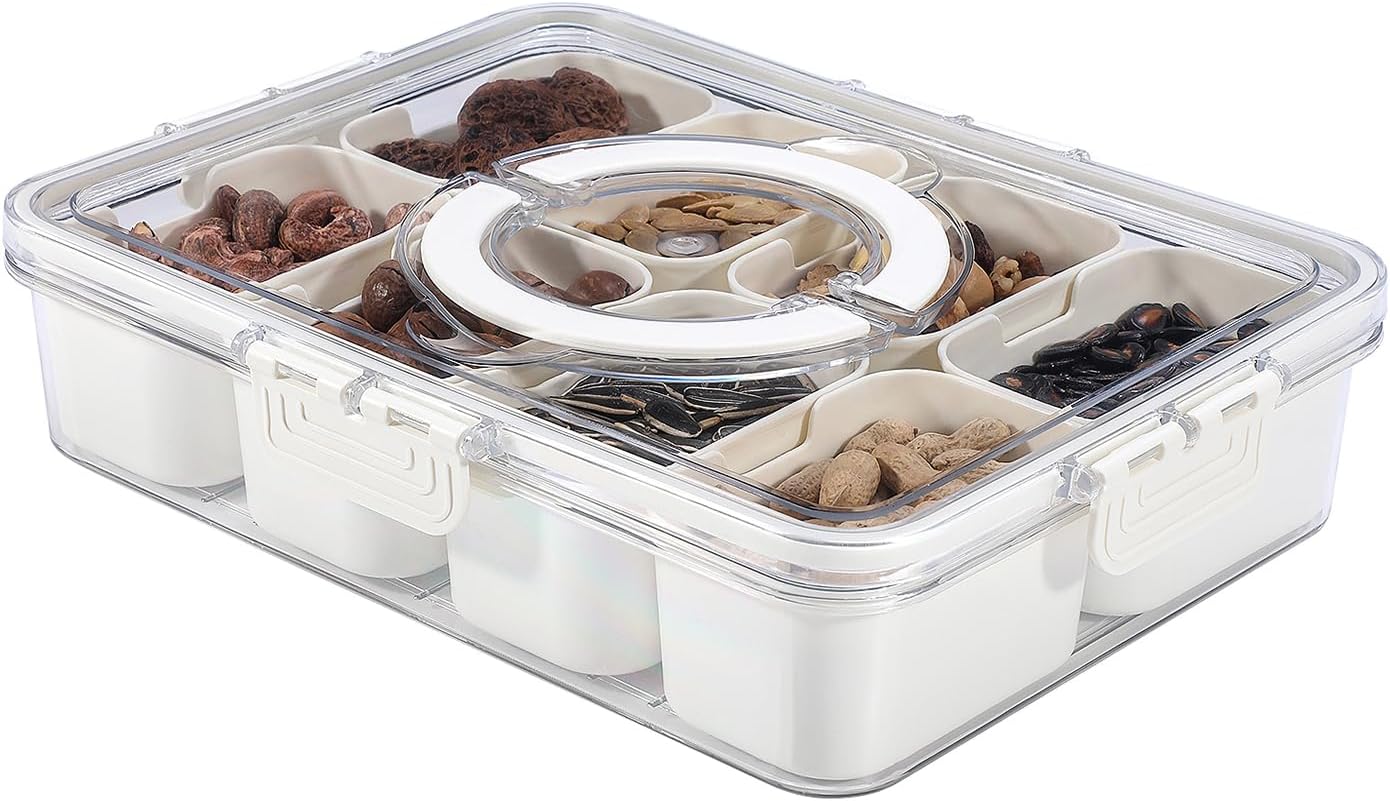Snackle Box Charcuterie Container ถาดเสิร์ฟแบบแบ่งช่องพร้อมฝาปิดและหูจับ ถาดอาหารว่างพกพาสำหรับผลไม้ ถั่ว ลูกอม งานเลี้ยง ปาร์ตี้ ปิกนิก
