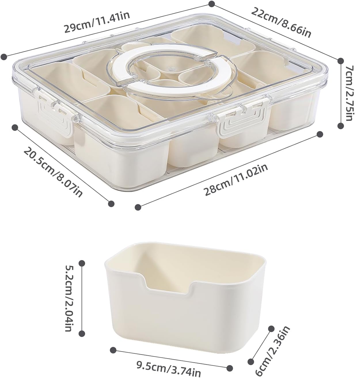 Snackle Box Charcuterie Container ถาดเสิร์ฟแบบแบ่งช่องพร้อมฝาปิดและหูจับ ถาดอาหารว่างพกพาสำหรับผลไม้ ถั่ว ลูกอม งานเลี้ยง ปาร์ตี้ ปิกนิก