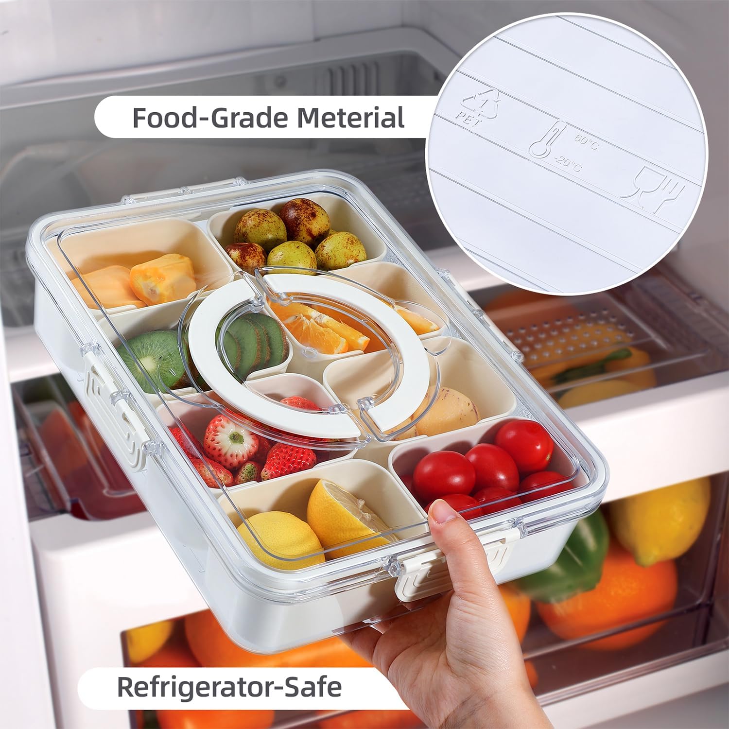 Snackle Box Charcuterie Container ถาดเสิร์ฟแบบแบ่งช่องพร้อมฝาปิดและหูจับ ถาดอาหารว่างพกพาสำหรับผลไม้ ถั่ว ลูกอม งานเลี้ยง ปาร์ตี้ ปิกนิก