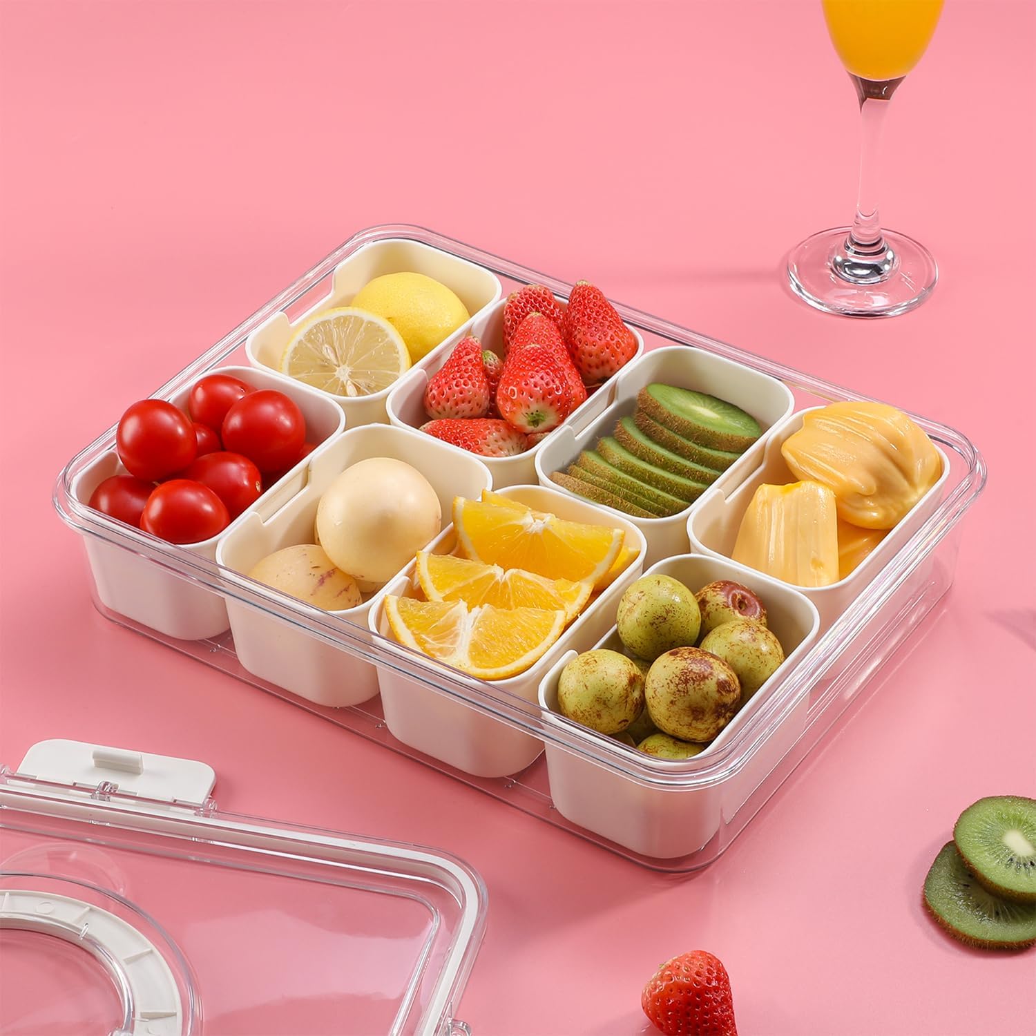 Snackle Box Charcuterie Container ถาดเสิร์ฟแบบแบ่งช่องพร้อมฝาปิดและหูจับ ถาดอาหารว่างพกพาสำหรับผลไม้ ถั่ว ลูกอม งานเลี้ยง ปาร์ตี้ ปิกนิก