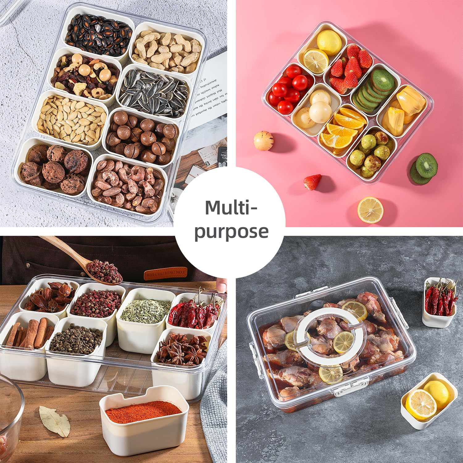 Snackle Box Charcuterie Container ถาดเสิร์ฟแบบแบ่งช่องพร้อมฝาปิดและหูจับ ถาดอาหารว่างพกพาสำหรับผลไม้ ถั่ว ลูกอม งานเลี้ยง ปาร์ตี้ ปิกนิก