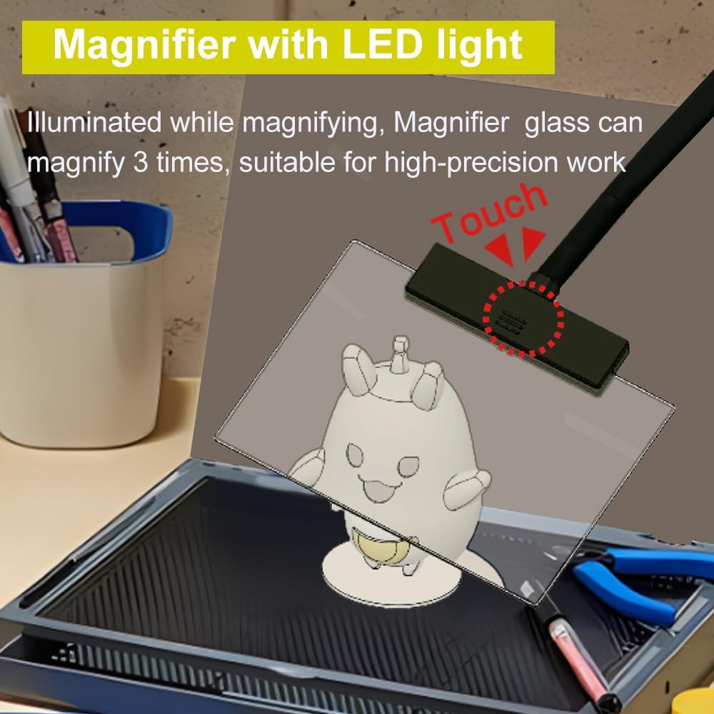 Model Building Kit, Portable Workbench for Gundam Cutting and Assembly, Model Kit Tools with LED Lights, Magnifiers, Plastic Storage Drawers, Pliers Holder, Gridded Adhesive Cut Mats, Display Panel · v7