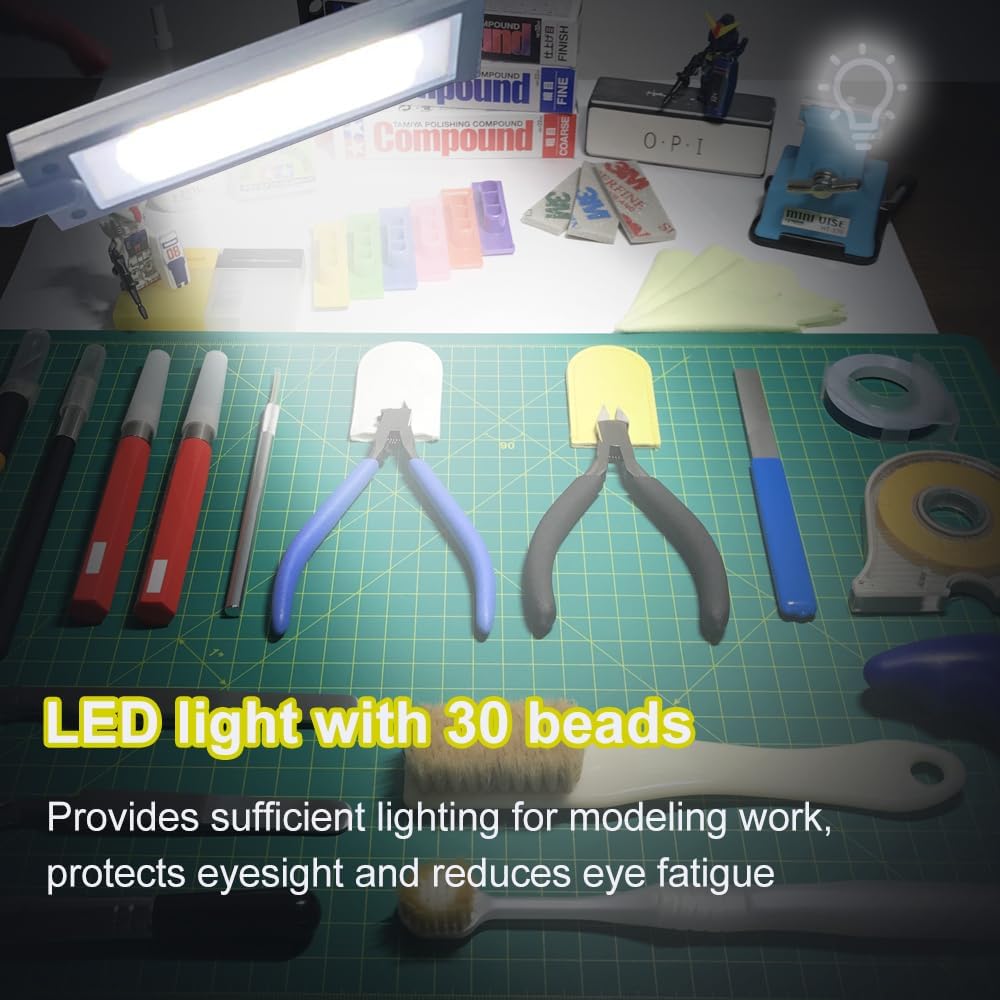 Model Building Kit, Portable Workbench for Gundam Cutting and Assembly, Model Kit Tools with LED Lights, Magnifiers, Plastic Storage Drawers, Pliers Holder, Gridded Adhesive Cut Mats, Display Panel · v7