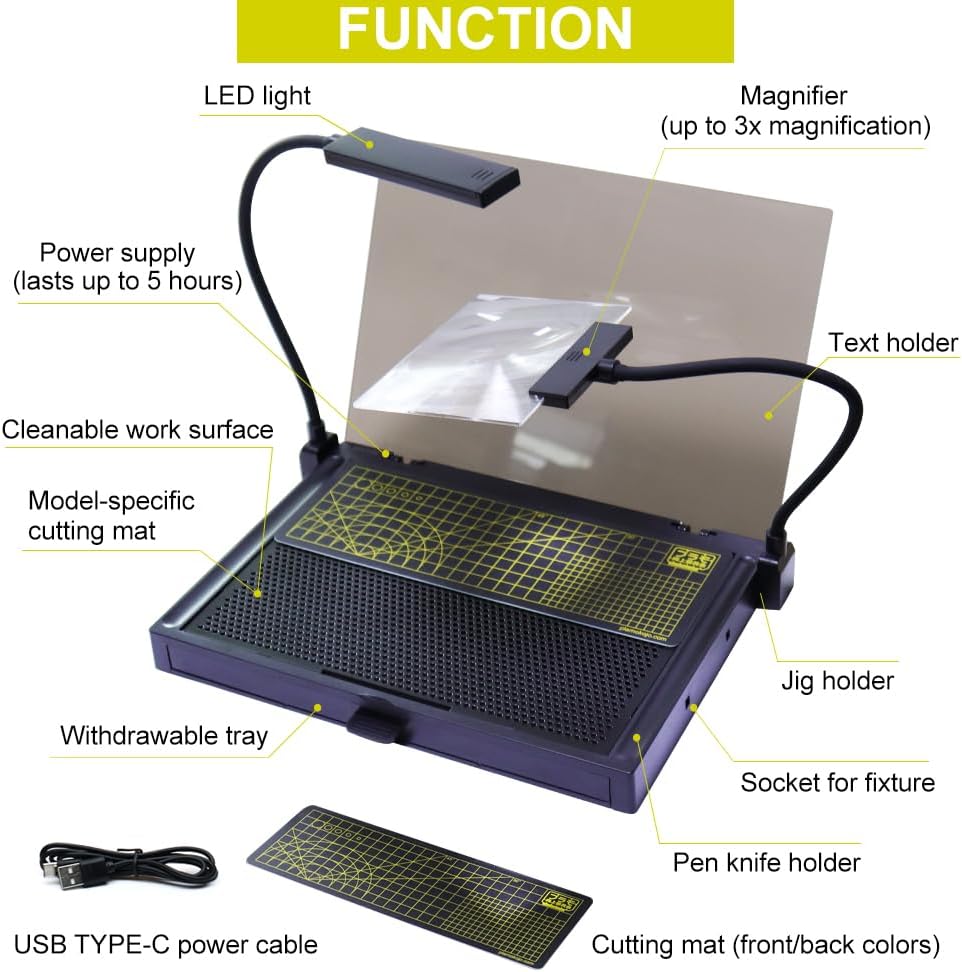 Model Building Kit, Portable Workbench for Gundam Cutting and Assembly, Model Kit Tools with LED Lights, Magnifiers, Plastic Storage Drawers, Pliers Holder, Gridded Adhesive Cut Mats, Display Panel · v7