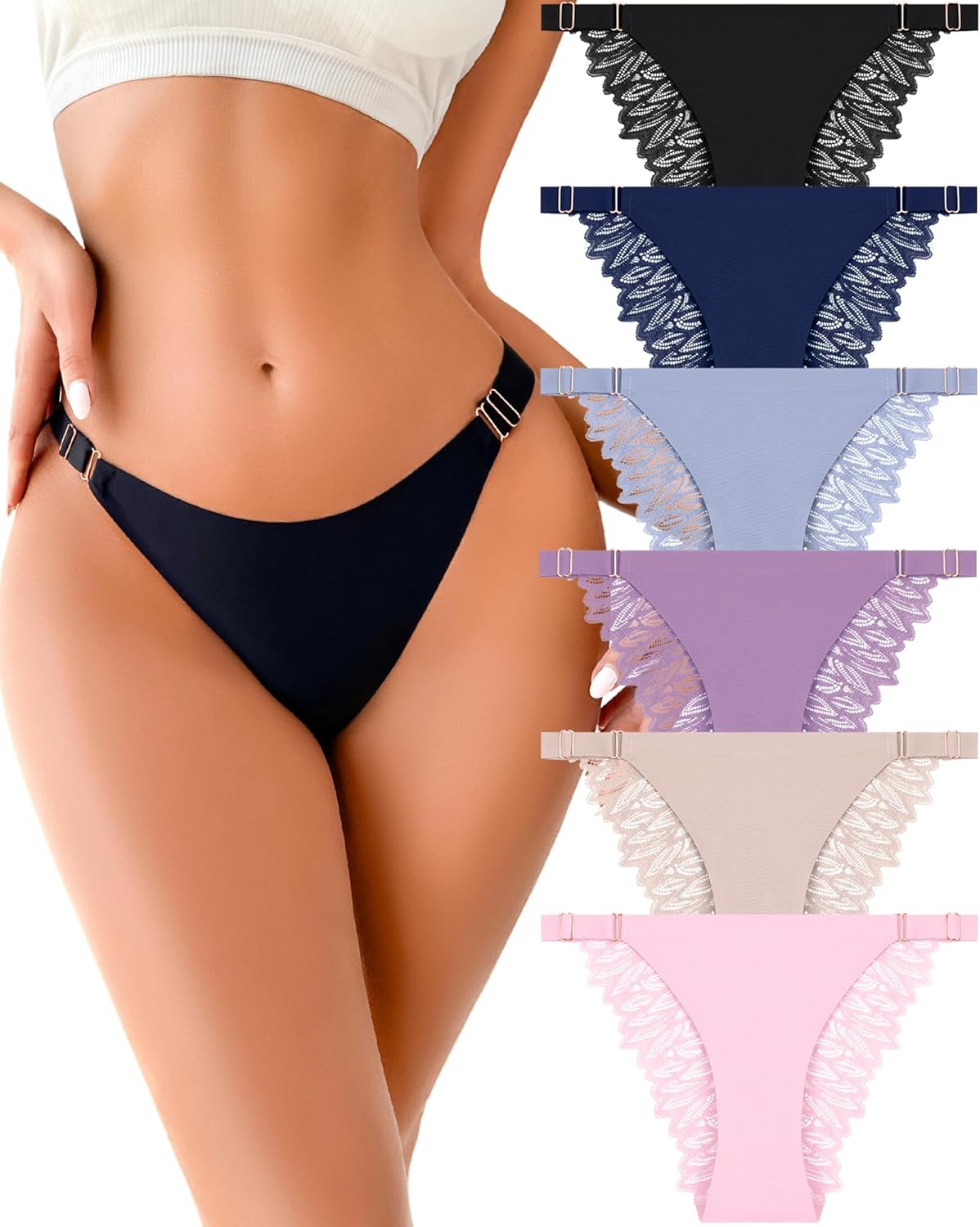 Take Talk 6 Pack Sexy Panties for Women Lace Adjustable String Bikini Underwear Womens Seamless Hipster Panty Cheeky · v6