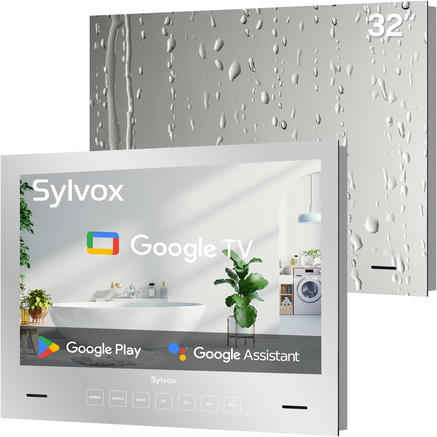 SYLVOX 32 inch Bathroom TV, 1080P Smart Mirror TV Google System NTSC  ATSC Tuner Support WiFi Bluetooth 500 nits High Brightness, IP66 Waterproof TV for Bathroom Bathtub Hotel Shower Spa (Embedded)