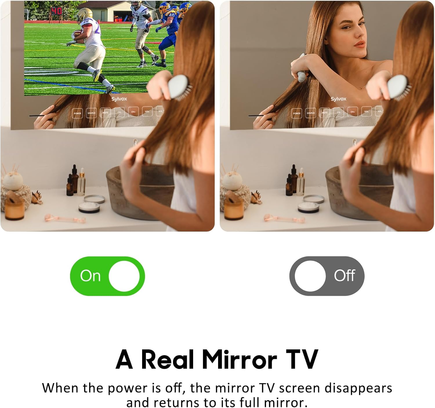 SYLVOX 32 inch Bathroom TV, 1080P Smart Mirror TV Google System NTSC  ATSC Tuner Support WiFi Bluetooth 500 nits High Brightness, IP66 Waterproof TV for Bathroom Bathtub Hotel Shower Spa (Embedded) · v9