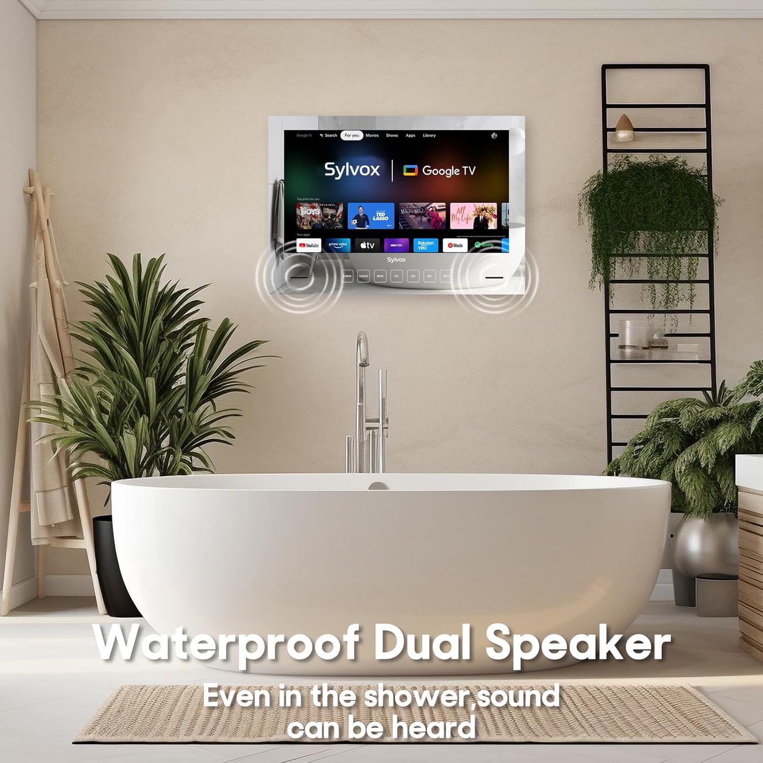 SYLVOX 32 inch Bathroom TV, 1080P Smart Mirror TV Google System NTSC  ATSC Tuner Support WiFi Bluetooth 500 nits High Brightness, IP66 Waterproof TV for Bathroom Bathtub Hotel Shower Spa (Embedded) · v9