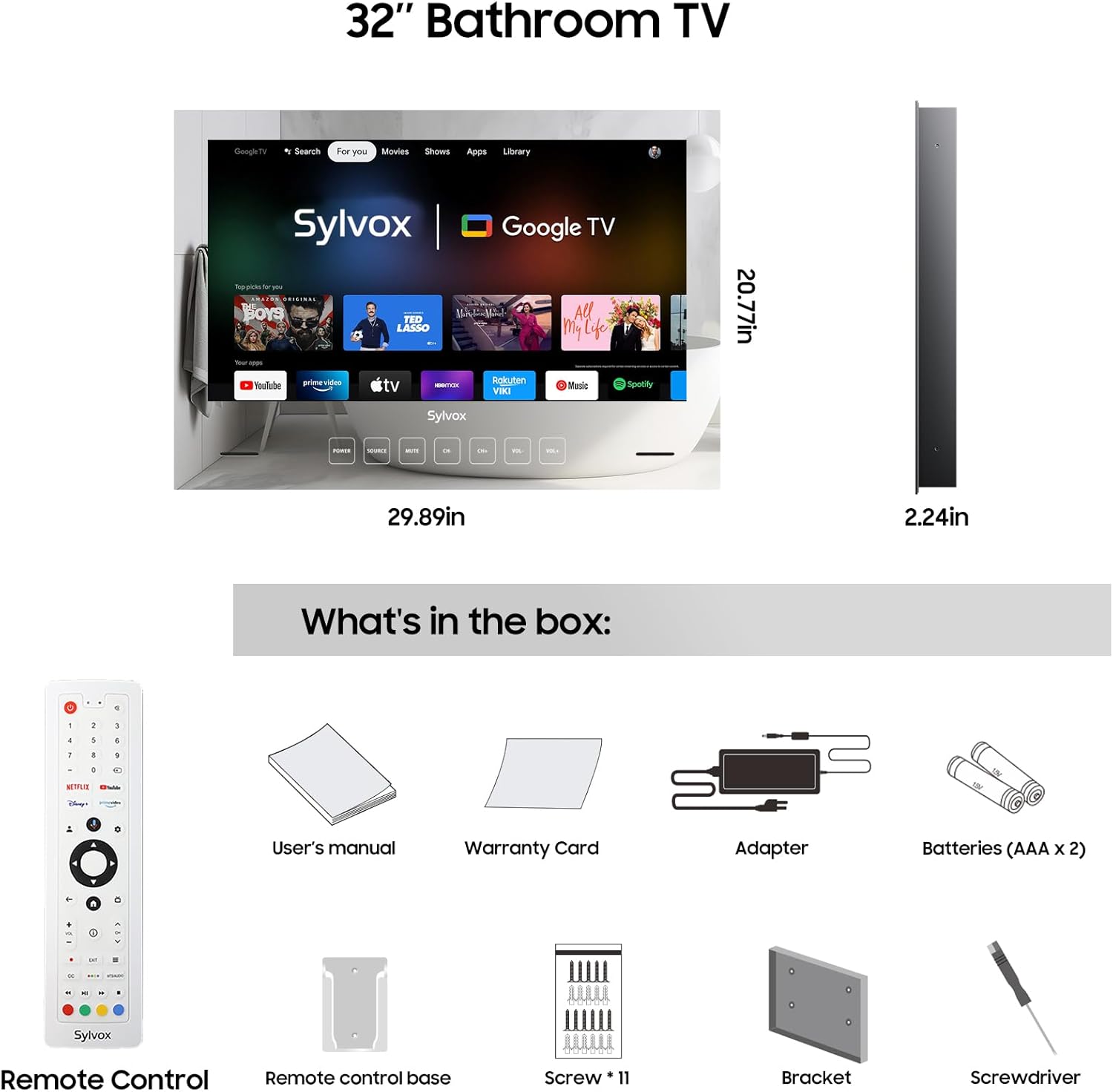 SYLVOX 32 inch Bathroom TV, 1080P Smart Mirror TV Google System NTSC  ATSC Tuner Support WiFi Bluetooth 500 nits High Brightness, IP66 Waterproof TV for Bathroom Bathtub Hotel Shower Spa (Embedded) · v9