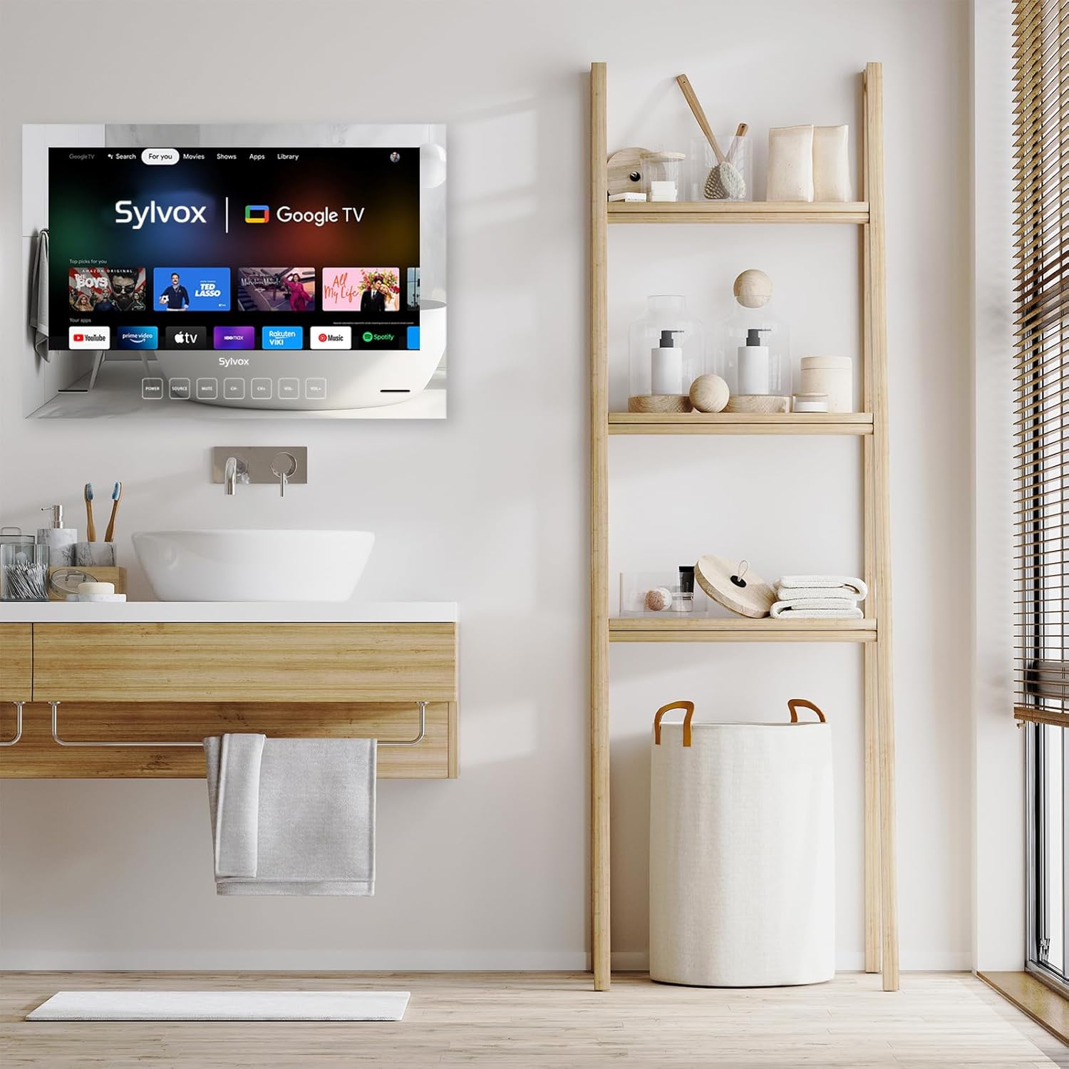 SYLVOX 32 inch Bathroom TV, 1080P Smart Mirror TV Google System NTSC  ATSC Tuner Support WiFi Bluetooth 500 nits High Brightness, IP66 Waterproof TV for Bathroom Bathtub Hotel Shower Spa (Embedded) · v9