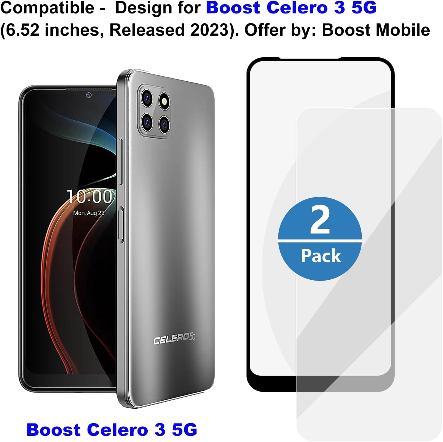Ailiber for Boost Celero 3 5G Screen Protector[2 Pack], Boost Celero 3 5G Tempered Glass Screen Protector, Anti-Scratch, HD Clear, Case Friendly, Full Coverage Phone Film for Boost Celero 5G 3 6.5