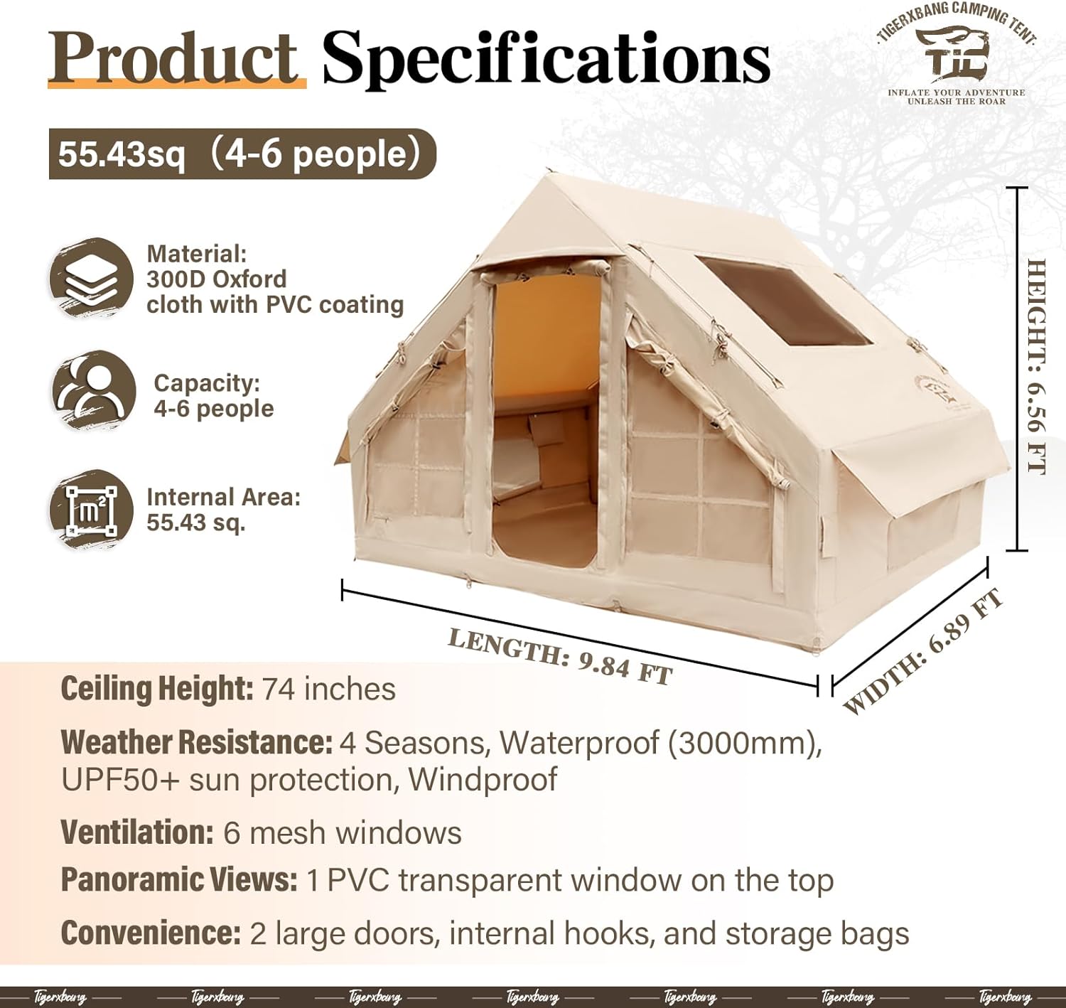 Tenda gonfiabile per campeggio, tende ad aria glamping per 4-6 persone, tenda da cabina di lusso per 4 stagioni di facile installazione, tenda da casa gonfiabile impermeabile antivento con finestre panoramiche