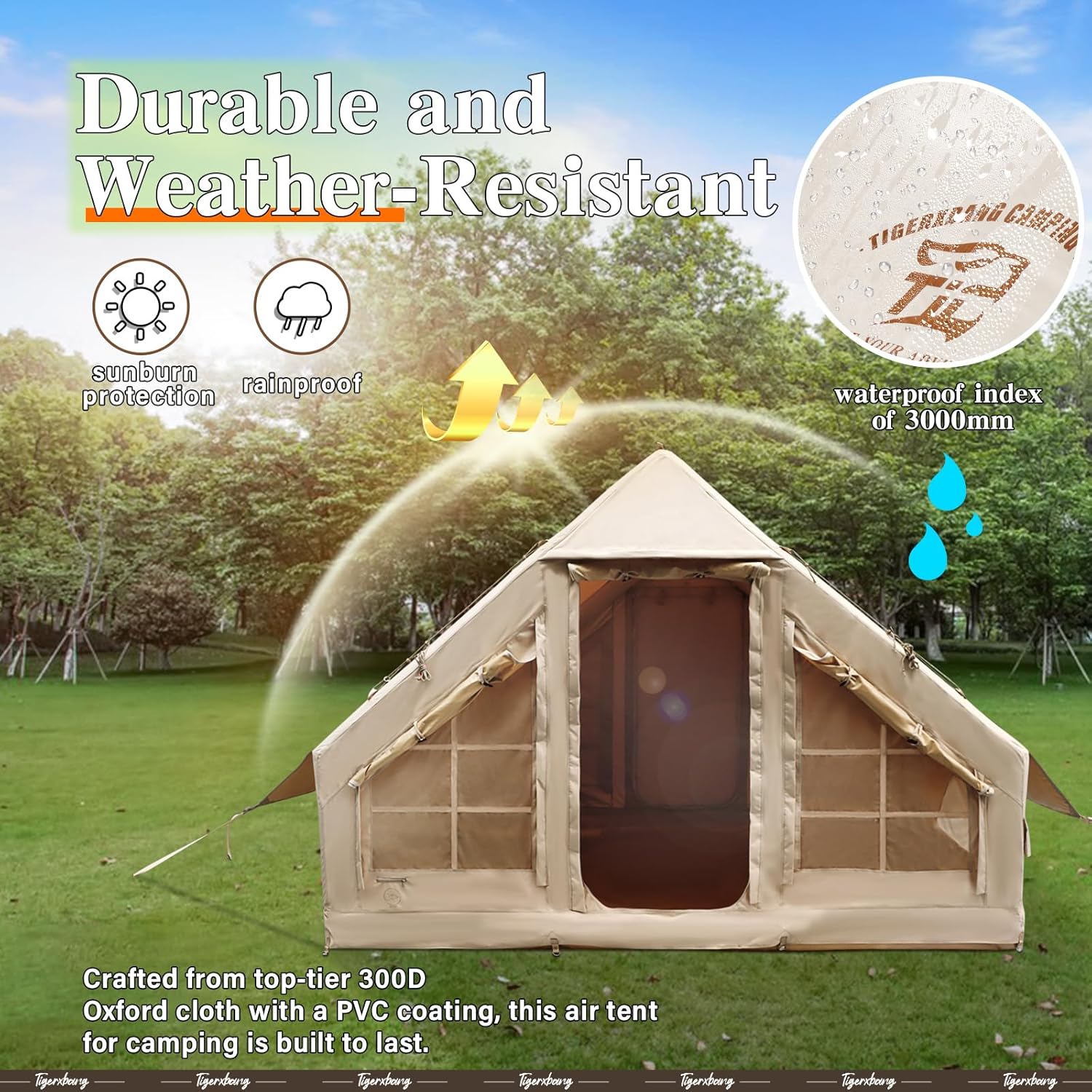 Tenda gonfiabile per campeggio, tende ad aria glamping per 4-6 persone, tenda da cabina di lusso per 4 stagioni di facile installazione, tenda da casa gonfiabile impermeabile antivento con finestre panoramiche
