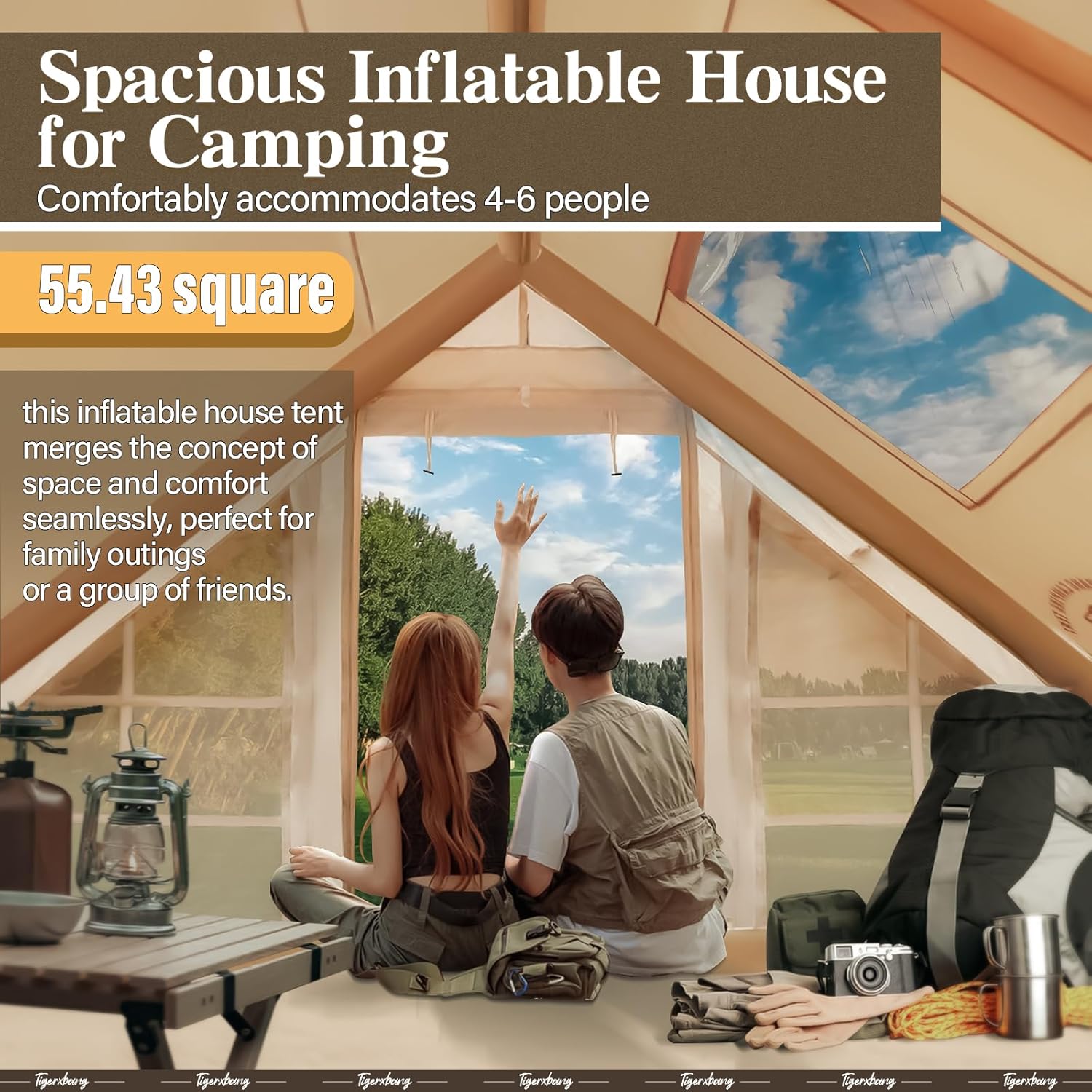 Tenda gonfiabile per campeggio, tende ad aria glamping per 4-6 persone, tenda da cabina di lusso per 4 stagioni di facile installazione, tenda da casa gonfiabile impermeabile antivento con finestre panoramiche