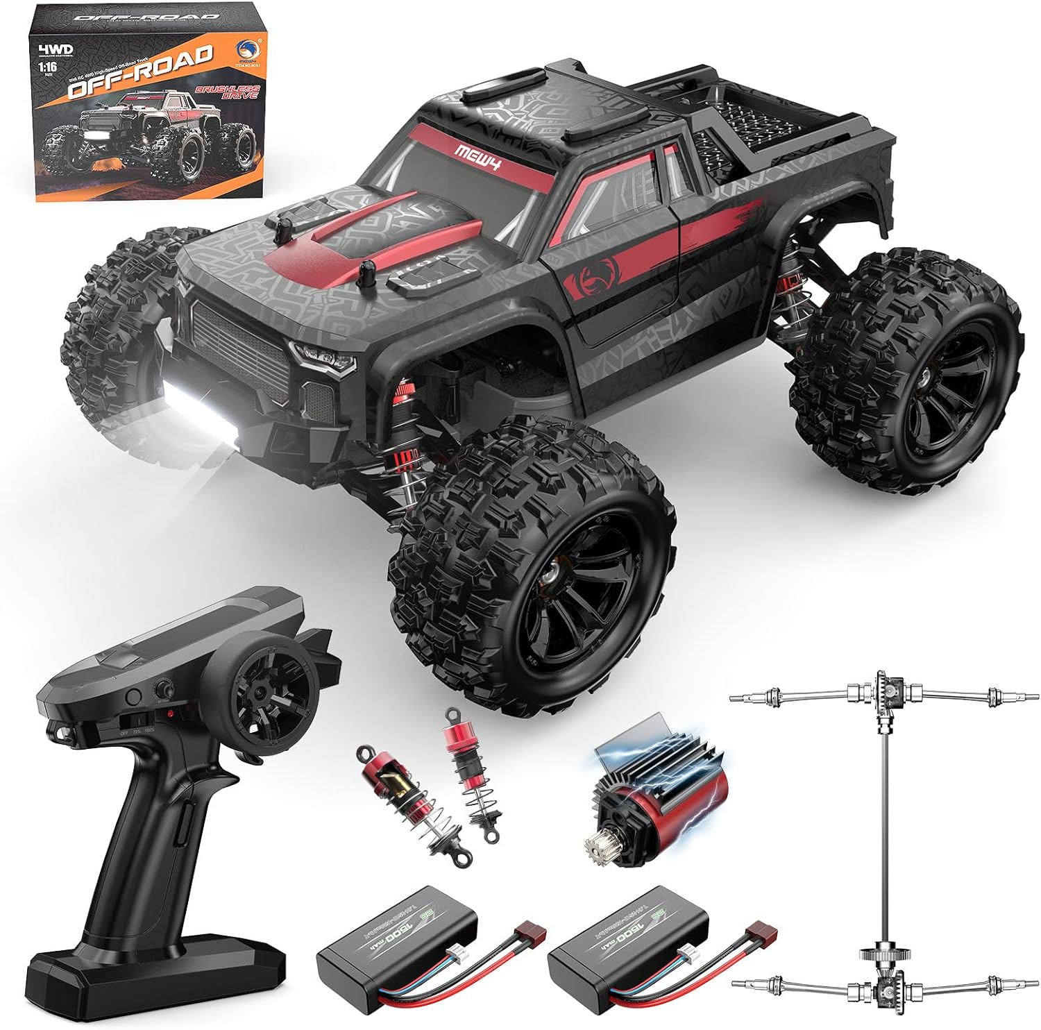 MEW4 1/16 Brushless RC Car, 4X4 RC Offroad Trucks, Portable RC Cars Fast 42 Km/h for Adults, High Speed RC Car, Electric Stadium RC Truck for Adult, Red Black · v3
