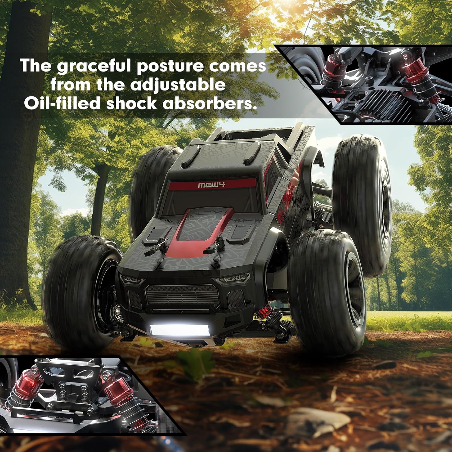 MEW4 1/16 Brushless RC Car, 4X4 RC Offroad Trucks, Portable RC Cars Fast 42 Km/h for Adults, High Speed RC Car, Electric Stadium RC Truck for Adult, Red Black · v3