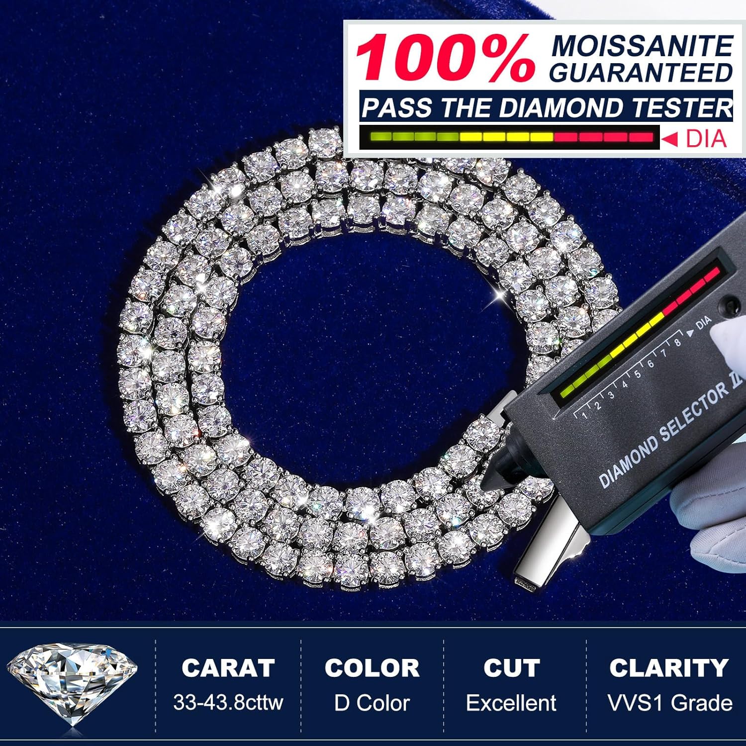 Moissanite Tenis Kolye, 12.4ct-43.8ct Laboratuvar Yapımı Erkek Kadınlar için Pırlanta Kolye 18 Ayar Beyaz Altın Kaplama 925 Ayar Gümüş Tenis Kolye D Renk VVS1 GRA Sertifikalı Düğün Hediyeleri ile Yuvarlak Kesim Moissanite Kolye Zinciri