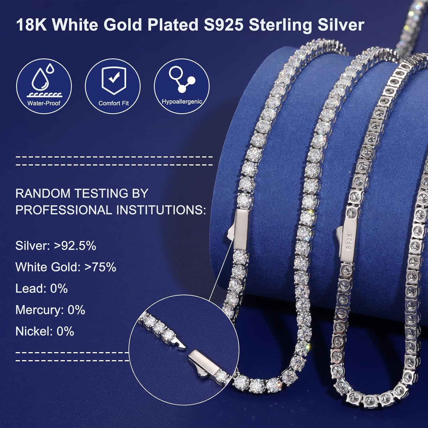Moissanite Tenis Kolye, 12.4ct-43.8ct Laboratuvar Yapımı Erkek Kadınlar için Pırlanta Kolye 18 Ayar Beyaz Altın Kaplama 925 Ayar Gümüş Tenis Kolye D Renk VVS1 GRA Sertifikalı Düğün Hediyeleri ile Yuvarlak Kesim Moissanite Kolye Zinciri