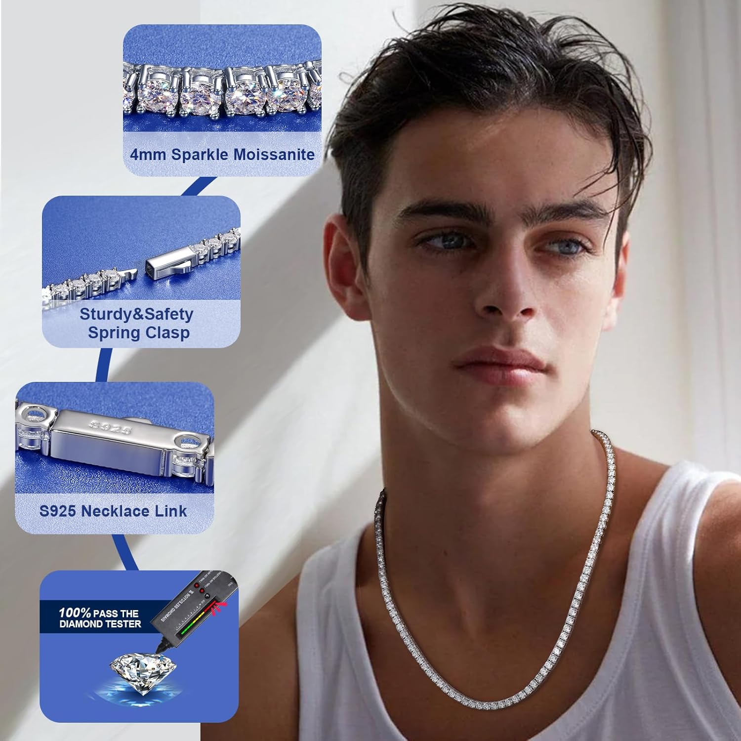 Moissanite Tenis Kolye, 12.4ct-43.8ct Laboratuvar Yapımı Erkek Kadınlar için Pırlanta Kolye 18 Ayar Beyaz Altın Kaplama 925 Ayar Gümüş Tenis Kolye D Renk VVS1 GRA Sertifikalı Düğün Hediyeleri ile Yuvarlak Kesim Moissanite Kolye Zinciri