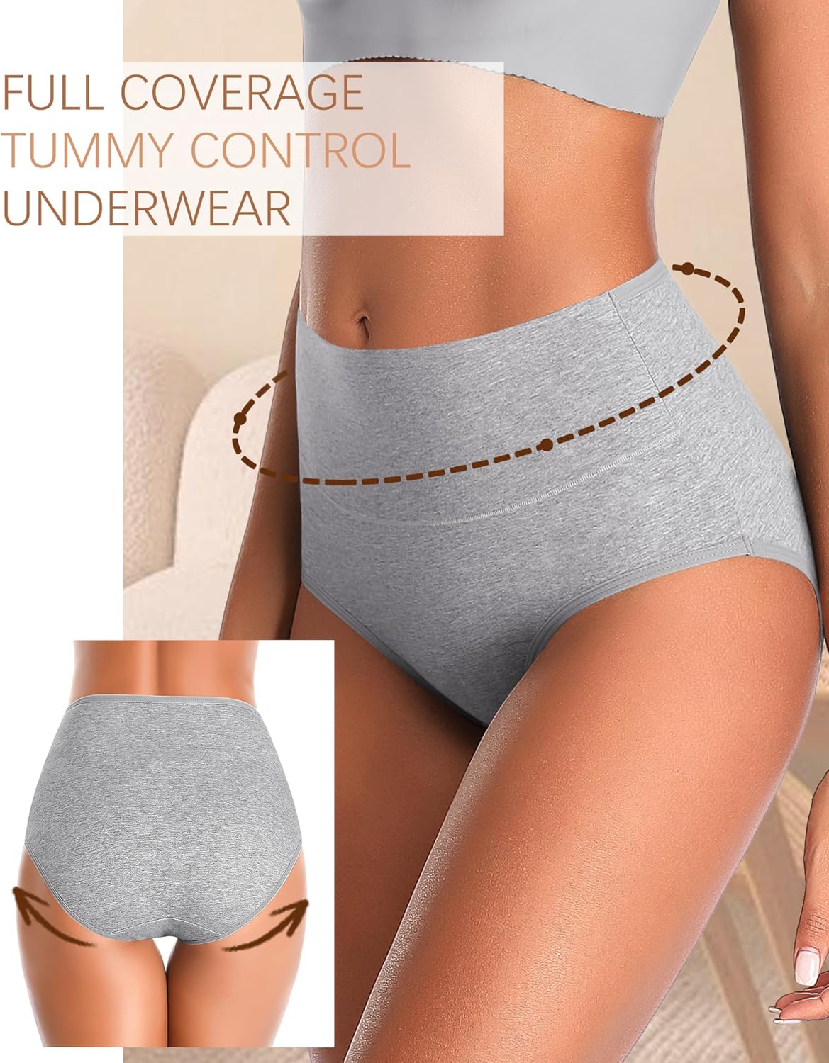 ASIMOON Celana Dalam Wanita Pengendali Perut Katun Pinggang Tinggi Lembut Bernapas Celana Dalam Pasca Persalinan Multipack
