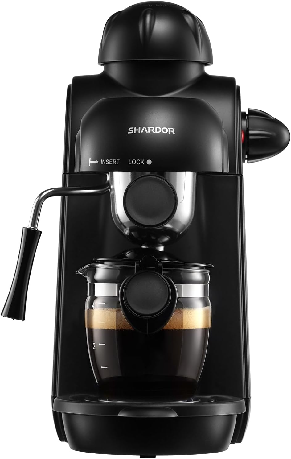 เครื่องชงกาแฟเอสเพรสโซ SHARDOR พร้อมเครื่องนึ่งทรงพลัง เครื่องชงกาแฟเอสเพรสโซคาปูชิโน 5 บาร์พร้อมเครื่องตีฟองนม เครื่องชงกาแฟลาเต้ 1-4 ถ้วยสำหรับใช้ในบ้าน สีดำ