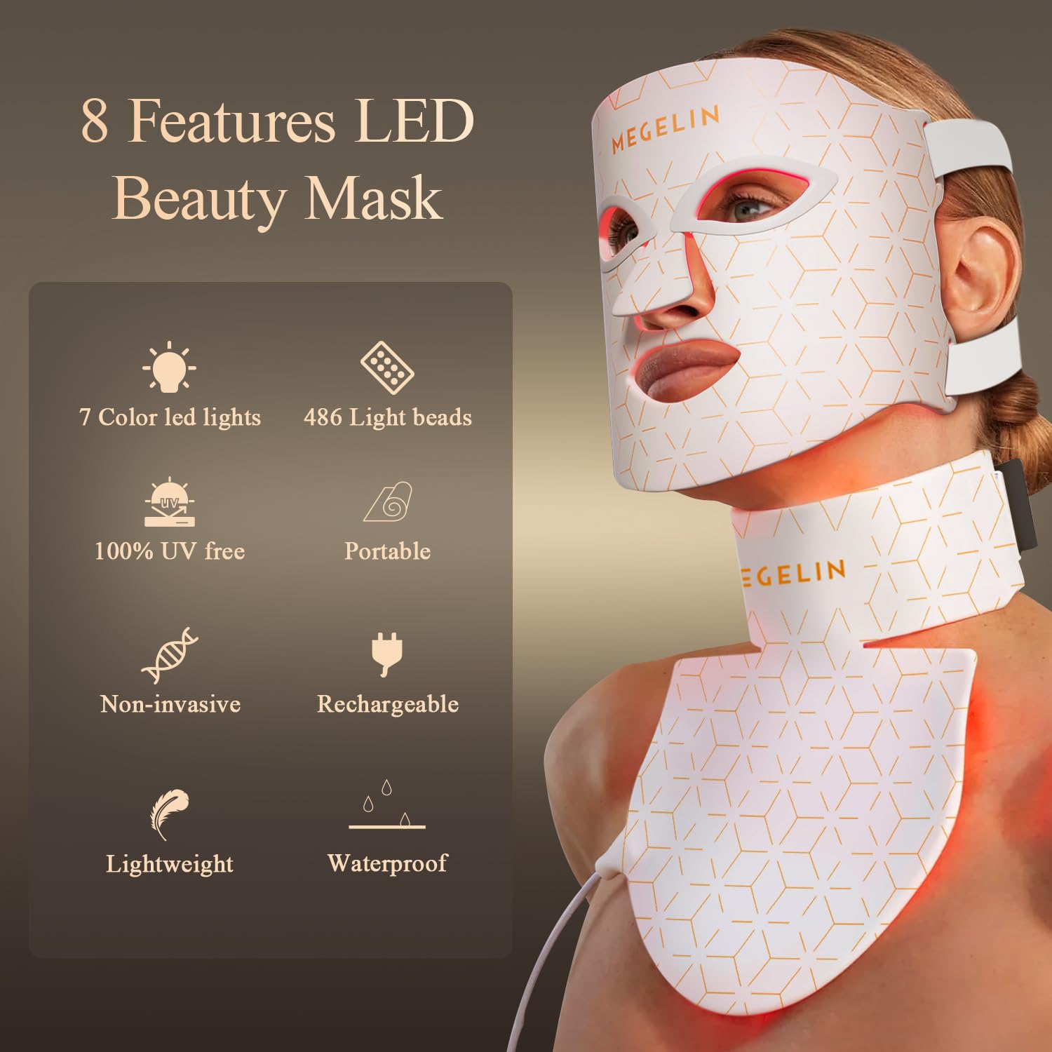 Maschera viso e collo con terapia a luce rossa a led, maschera facciale con terapia della luce a led a 7 colori, maschera per terapia con luce rossa a infrarossi, ringiovanimento della pelle con luce a infrarossi (bianco)
