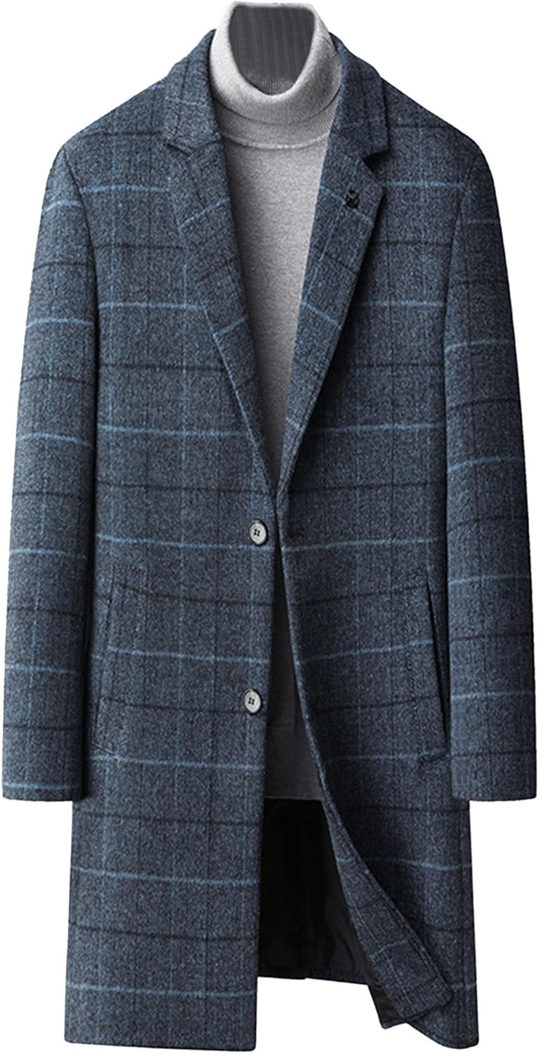 Maiyifu-GJ Mens Plaid Trench Coat Winter Single Breasted Wool Blend Top Pea Coat Classic Stylish Business Overcoat · v3