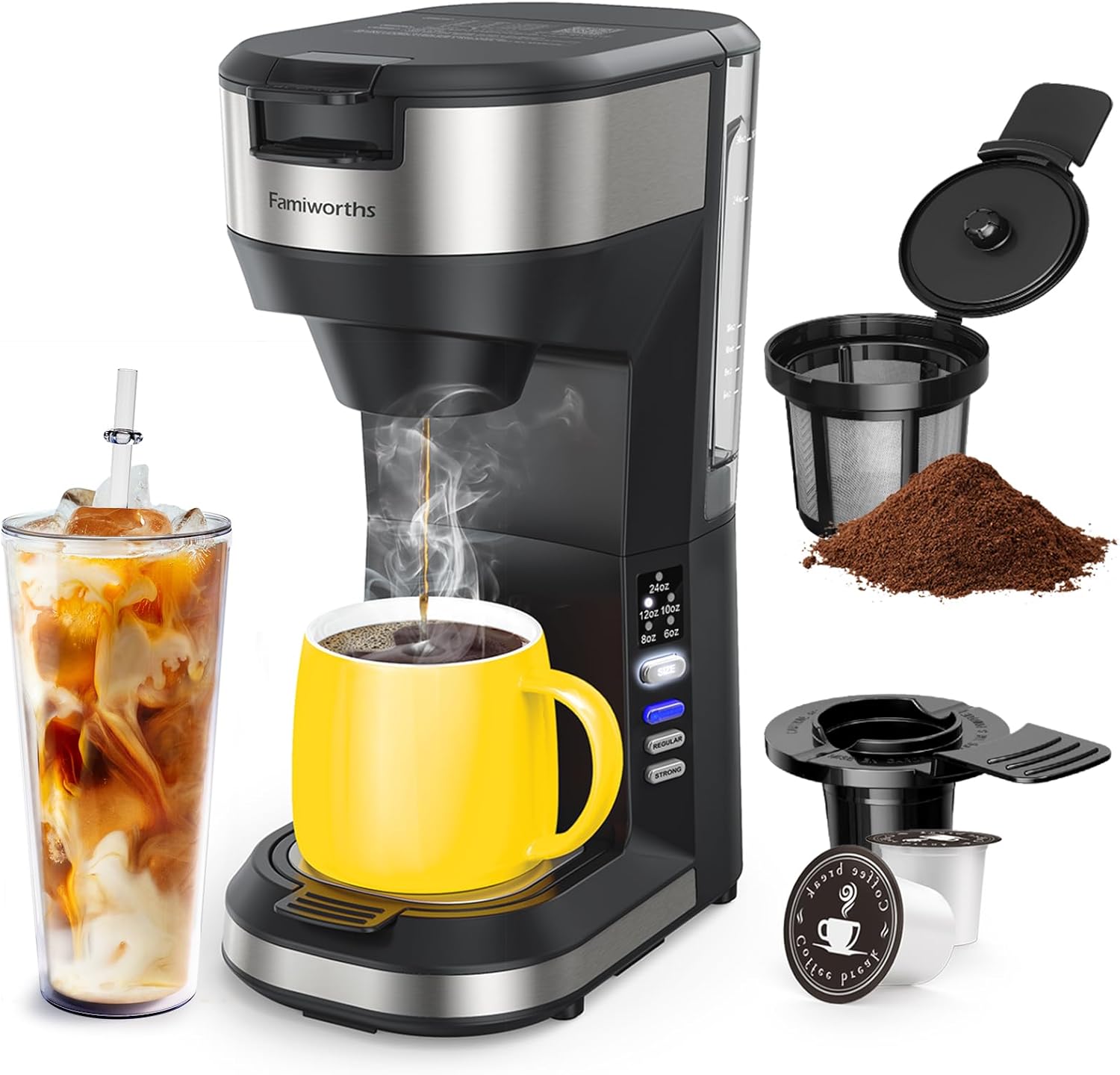 Famiworths Upgraded Hot and Iced Coffee Maker for K Cups and Ground Coffee, 4-5 Cups Coffee Maker and Single-serve Brewers, with 30 Oz Removable Water Reservoir, 6 to 24 Oz Cup Size, Classic Black · v2
