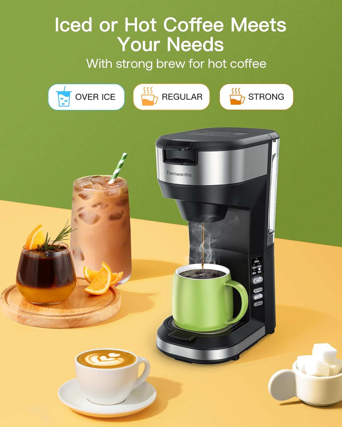 Cafetera fría y caliente mejorada de Famiworths para tazas K y café molido, cafetera de 4 a 5 tazas y cafeteras de una sola porción, con depósito de agua extraíble de 30 onzas, tamaño de taza de 6 a 24 oz, negro clásico