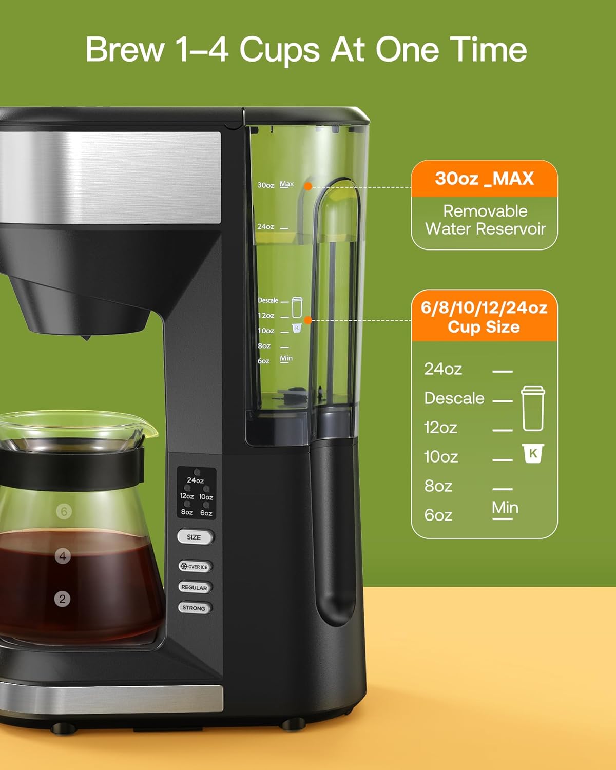 Cafetera fría y caliente mejorada de Famiworths para tazas K y café molido, cafetera de 4 a 5 tazas y cafeteras de una sola porción, con depósito de agua extraíble de 30 onzas, tamaño de taza de 6 a 24 oz, negro clásico