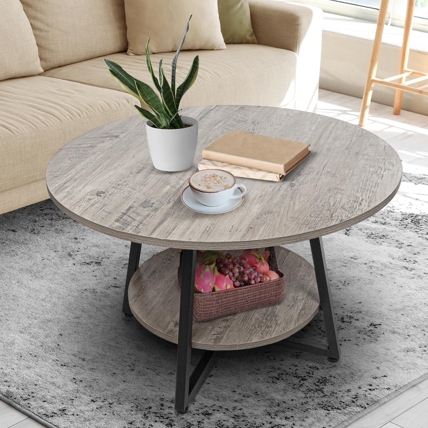 Round Coffee Table for Living Room, Modern Center Coffee Table with Storage, 2 Tier Wood Farmhouse Coffee Table, Easy Assembly, Wash Gray · v2