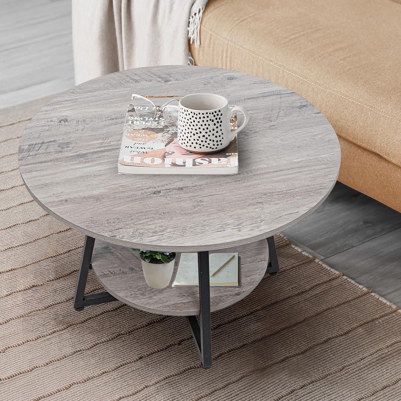 Round Coffee Table for Living Room, Modern Center Coffee Table with Storage, 2 Tier Wood Farmhouse Coffee Table, Easy Assembly, Wash Gray · v2