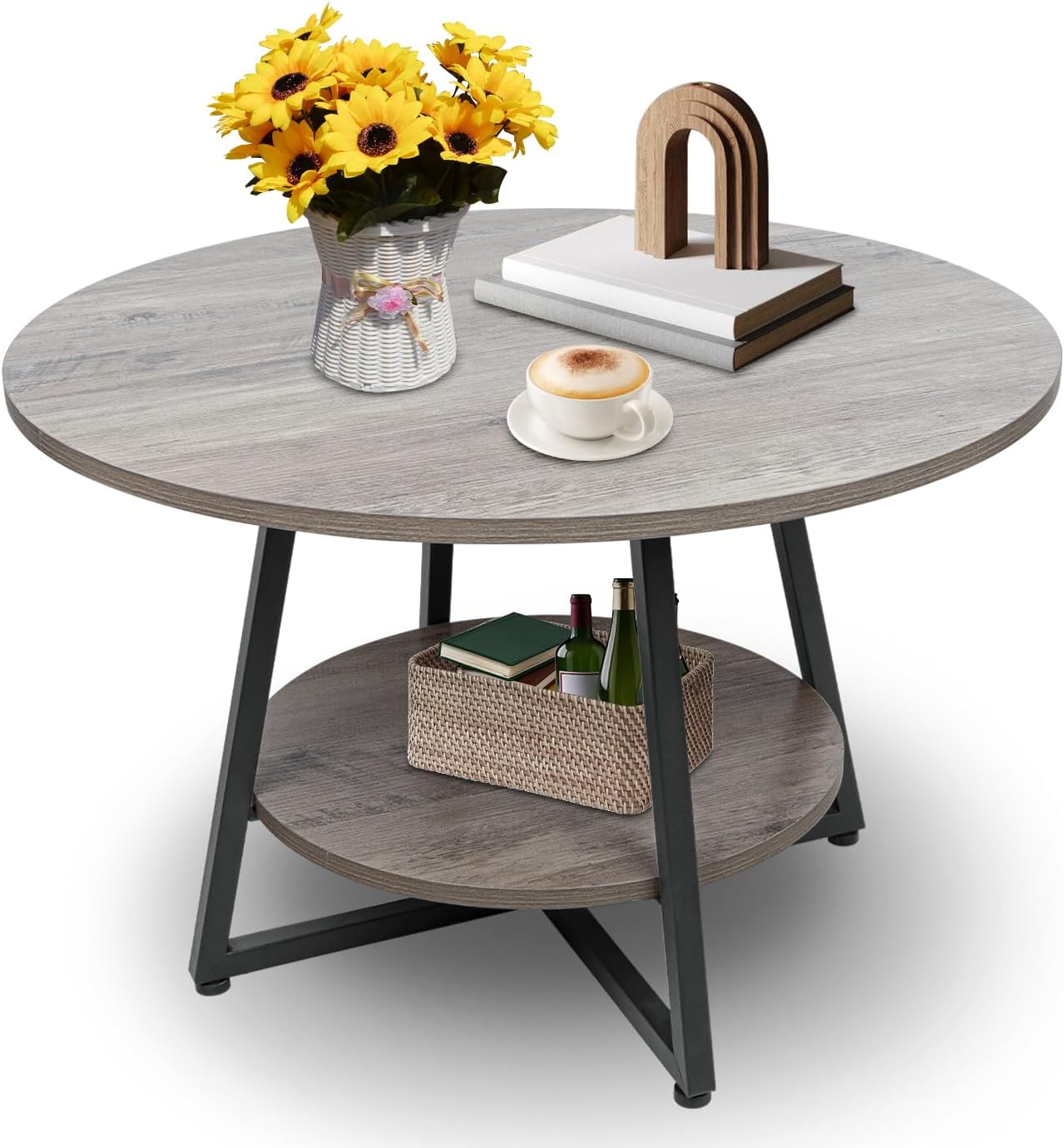 Round Coffee Table for Living Room, Modern Center Coffee Table with Storage, 2 Tier Wood Farmhouse Coffee Table, Easy Assembly, Wash Gray · v2