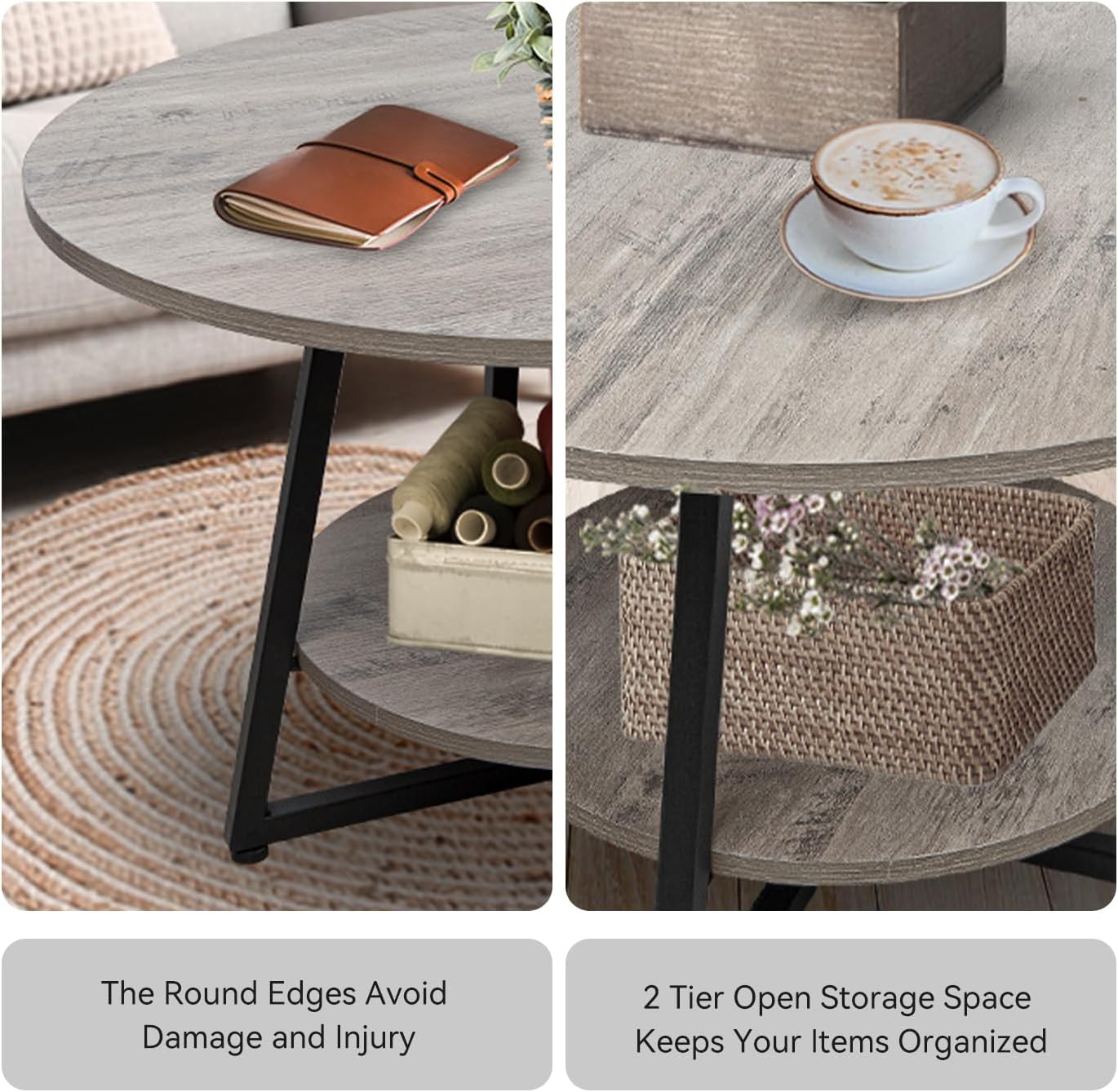 Round Coffee Table for Living Room, Modern Center Coffee Table with Storage, 2 Tier Wood Farmhouse Coffee Table, Easy Assembly, Wash Gray · v2