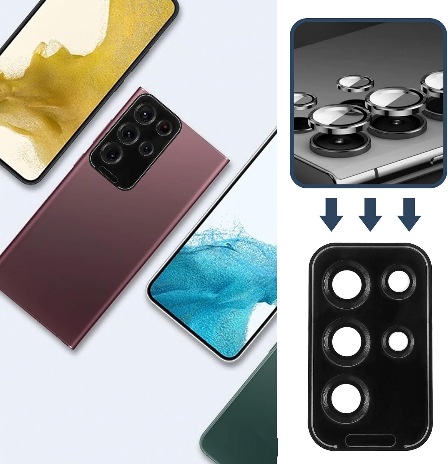 ECSiNG Camera Lens Protector Camera Lens Protective Cover Tempered Glass Protector Mobile Phone Lens Protector Compatible with Samsung Galaxy S22 Ultra, Black