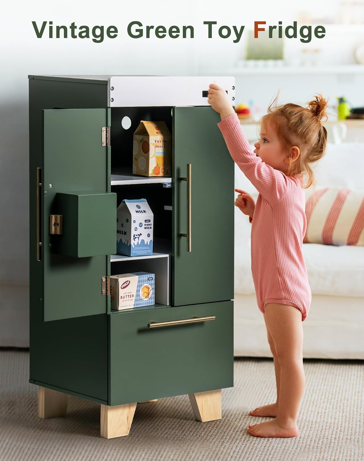 Drewniana lodówka zabawkowa ROBOTIME - zestaw kuchenny do zabawy z akcesoriami, zestaw kuchenny Interaktywna lodówka do zabawy dla dzieci, urządzenie kuchenne dla małych dzieci (Vintage Green)
