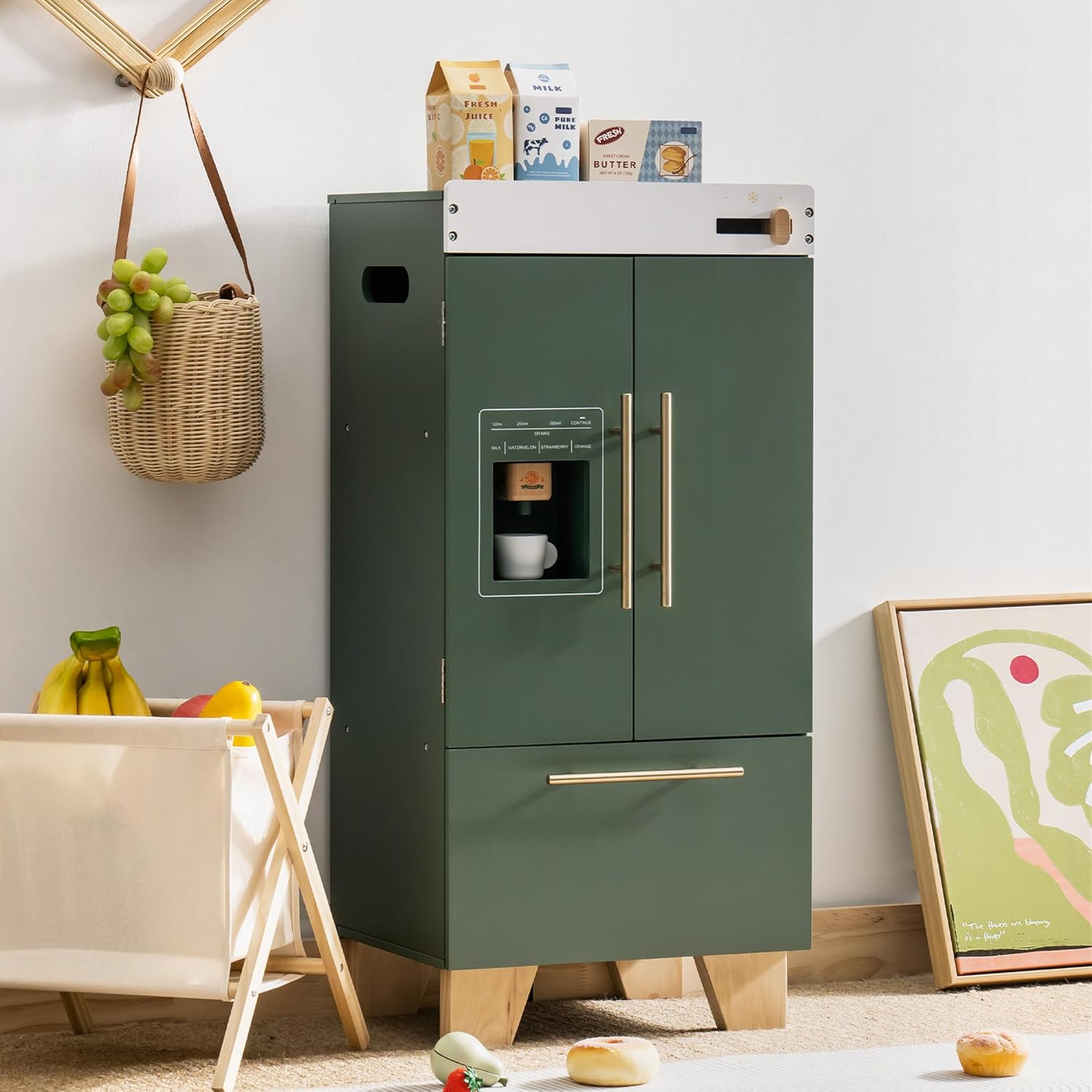 Drewniana lodówka zabawkowa ROBOTIME - zestaw kuchenny do zabawy z akcesoriami, zestaw kuchenny Interaktywna lodówka do zabawy dla dzieci, urządzenie kuchenne dla małych dzieci (Vintage Green)