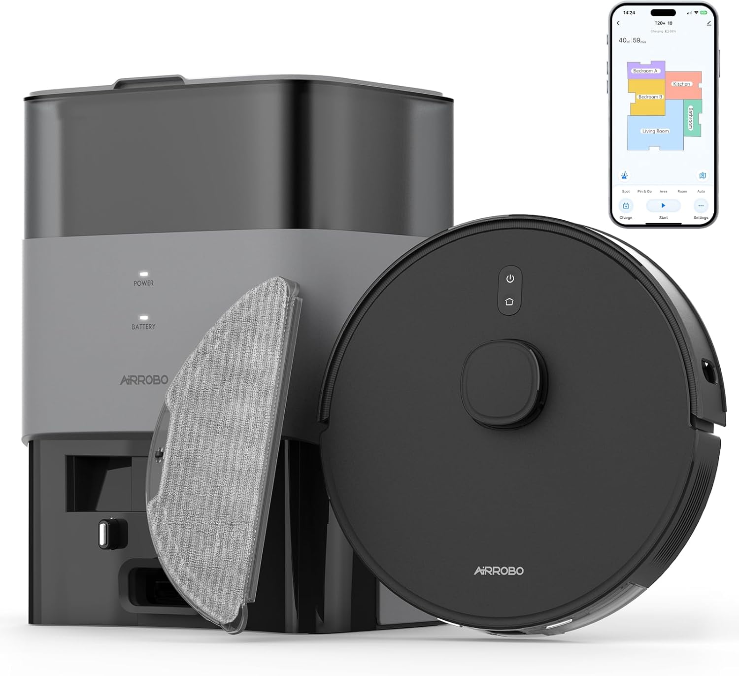 AIRROBO Robot Vacuum and Mop with Self-Empty Base, Hands-Free Cleaning for up to 60 Days, Home Mapping, 180mins Runtime, APP/Voice/Remote, T20  Robotic Vacuum Cleaner for Pet, Hard Floor, Carpet · v3