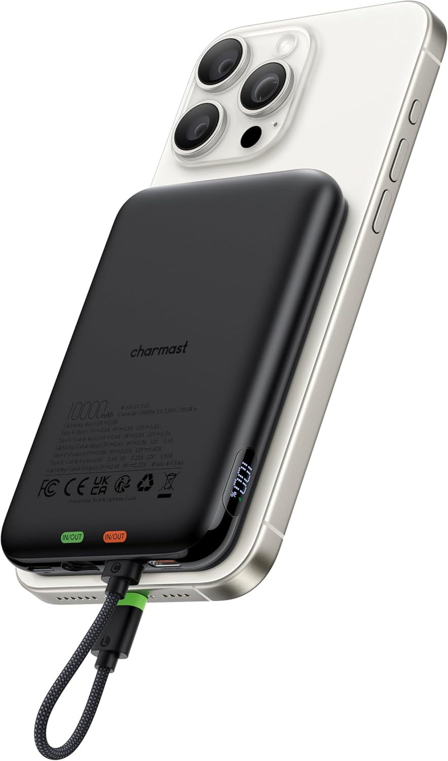 Chargeur portable filaire compact Charmast, batterie externe fine de 10 000 mAh à recharge rapide avec câble polyvalent intégré (amovible) pour iPhone Android (sans fil), design esthétique pour la famille et les amis