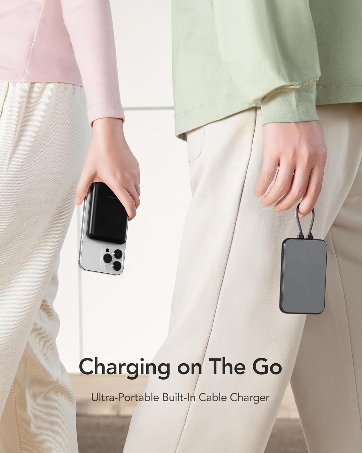 Charmast Compact Wired Portable Charger, Slim 10000mAh Fast Charging Power Bank with Built-in Versatile Cable (Removable) for iPhone  Android (No-Wireless), Aesthetic Design for Family Friends