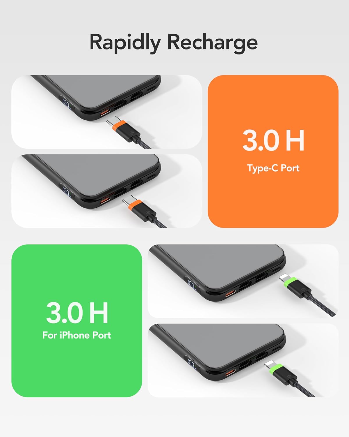 Charmast Compact Wired Portable Charger, Slim 10000mAh Fast Charging Power Bank with Built-in Versatile Cable (Removable) for iPhone  Android (No-Wireless), Aesthetic Design for Family Friends