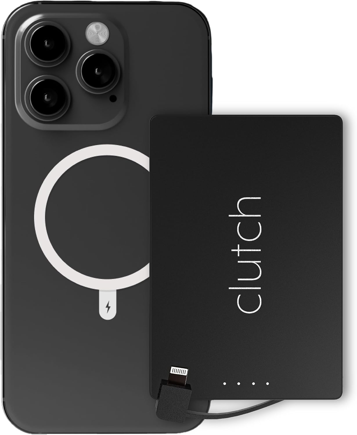 Clutch - เครื่องชาร์จพกพา Pro - เข้ากันได้กับ iPhone 14 หรืออุปกรณ์ขนาดเล็กรุ่นเก่ากว่า - พาวเวอร์แบงค์ - แบตเตอรี่แม่เหล็ก - เครื่องชาร์จแบบพกพาที่ได้รับการอนุมัติจาก TSA - ชาร์จไฟผ่าน USB - สายเคเบิลในตัว - 3.7 ออนซ์ - สีดำ