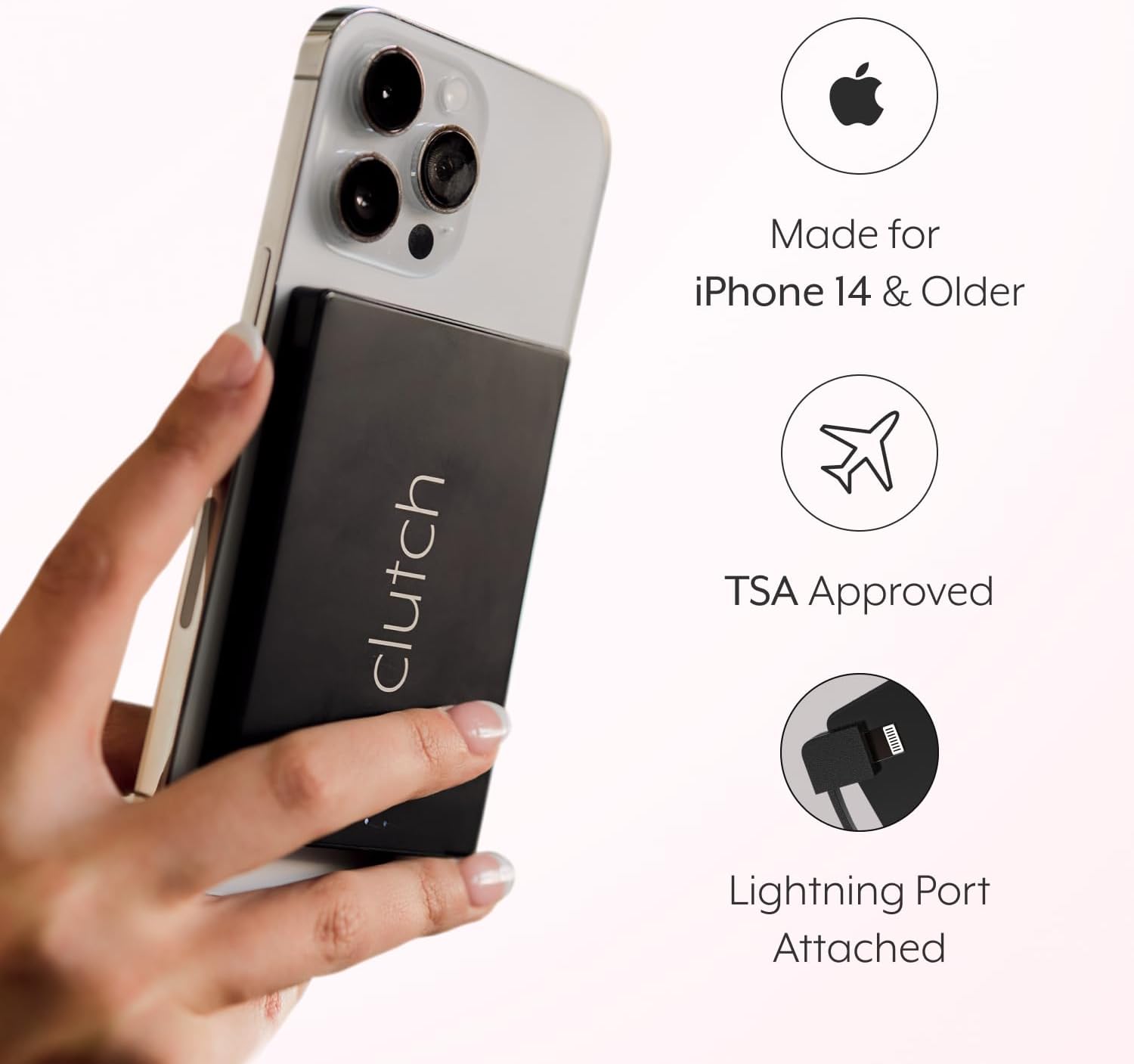 Clutch - เครื่องชาร์จพกพา Pro - เข้ากันได้กับ iPhone 14 หรืออุปกรณ์ขนาดเล็กรุ่นเก่ากว่า - พาวเวอร์แบงค์ - แบตเตอรี่แม่เหล็ก - เครื่องชาร์จแบบพกพาที่ได้รับการอนุมัติจาก TSA - ชาร์จไฟผ่าน USB - สายเคเบิลในตัว - 3.7 ออนซ์ - สีดำ