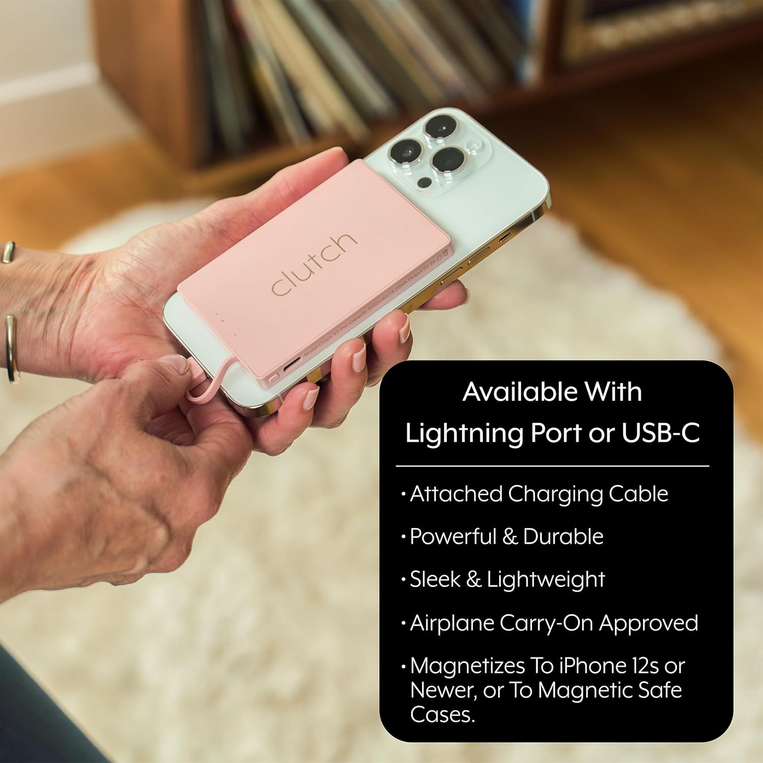 Clutch - เครื่องชาร์จพกพา Pro - เข้ากันได้กับ iPhone 14 หรืออุปกรณ์ขนาดเล็กรุ่นเก่ากว่า - พาวเวอร์แบงค์ - แบตเตอรี่แม่เหล็ก - เครื่องชาร์จแบบพกพาที่ได้รับการอนุมัติจาก TSA - ชาร์จไฟผ่าน USB - สายเคเบิลในตัว - 3.7 ออนซ์ - สีดำ