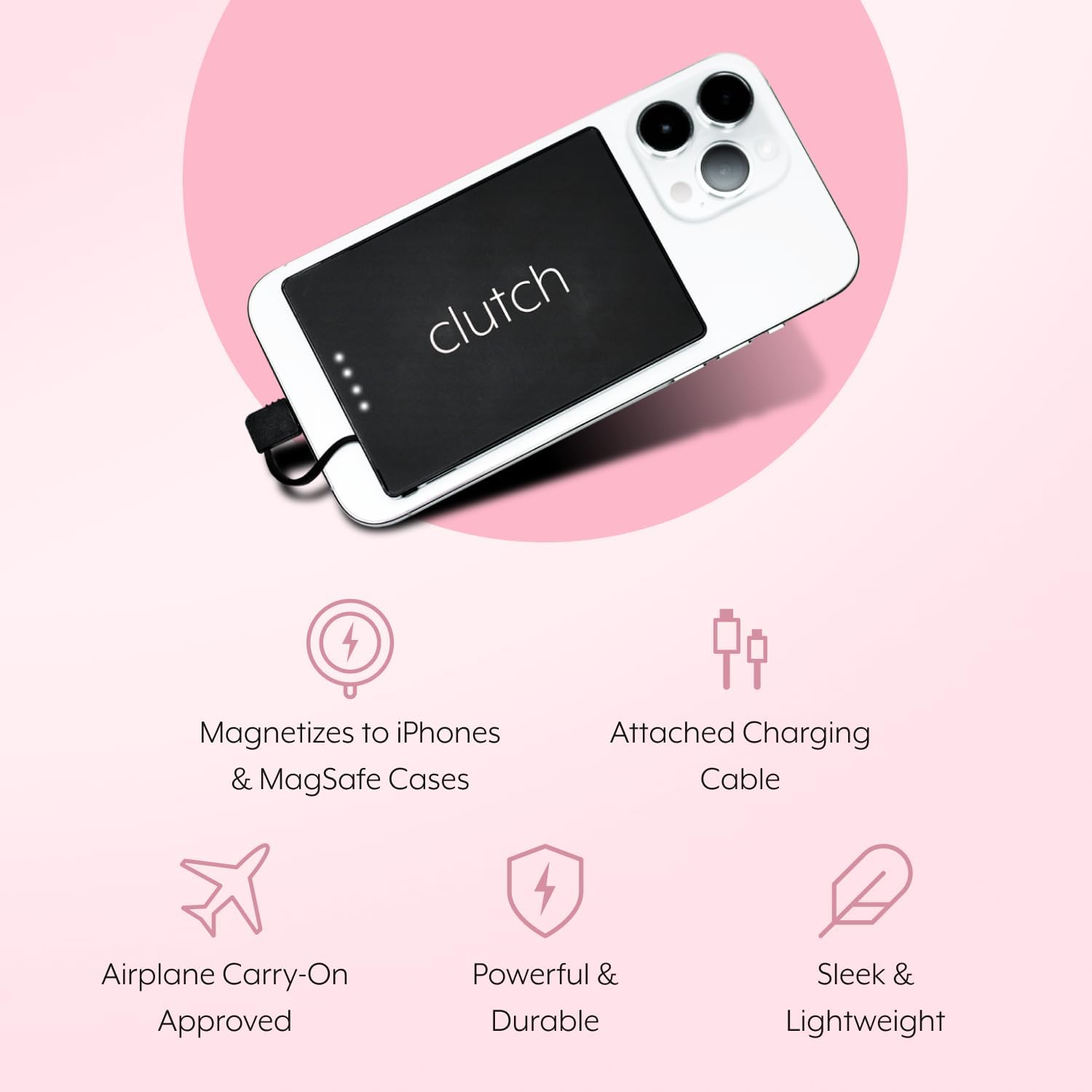 Clutch - เครื่องชาร์จพกพา Pro - เข้ากันได้กับ iPhone 14 หรืออุปกรณ์ขนาดเล็กรุ่นเก่ากว่า - พาวเวอร์แบงค์ - แบตเตอรี่แม่เหล็ก - เครื่องชาร์จแบบพกพาที่ได้รับการอนุมัติจาก TSA - ชาร์จไฟผ่าน USB - สายเคเบิลในตัว - 3.7 ออนซ์ - สีดำ