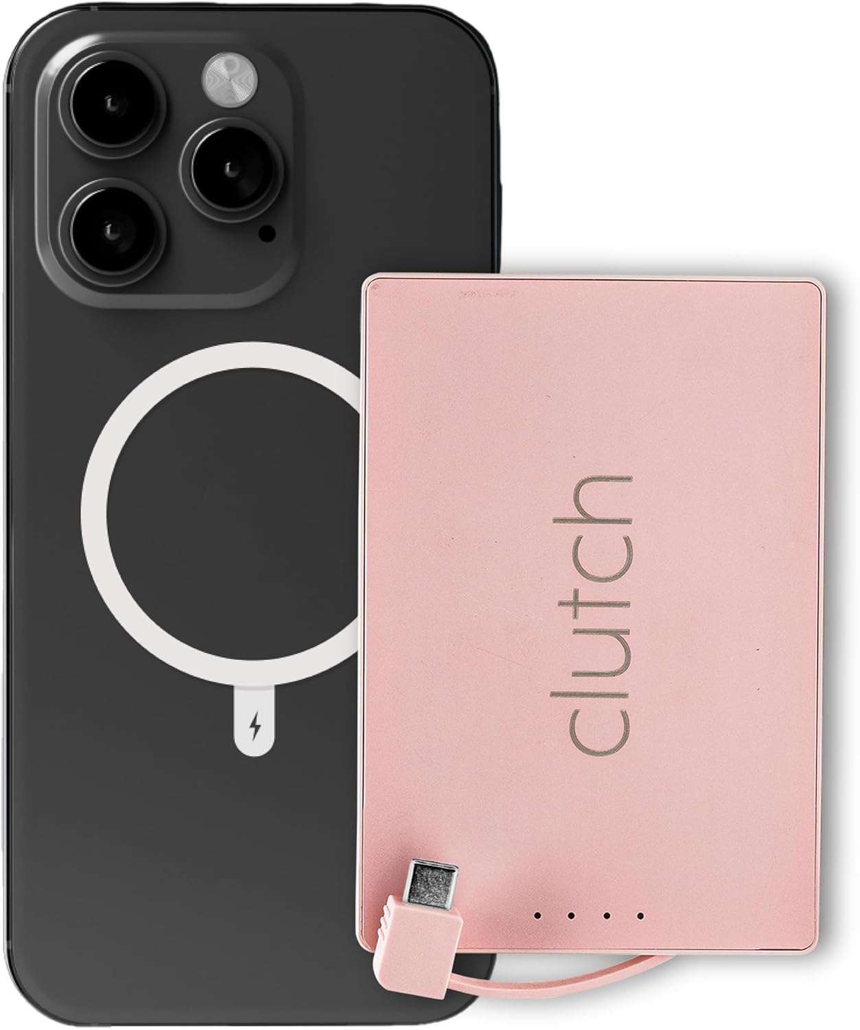 Clutch - เครื่องชาร์จแบบพกพา Pro USB-C - เข้ากันได้กับอุปกรณ์ Android iPhone 15, 16 - แบตสำรองแบบแม่เหล็ก - ผ่านการรับรอง TSA Travel - ชาร์จไฟได้ผ่าน USB - สายเคเบิลในตัว - 5000 mAh - 3.7 ออนซ์ - สีชมพู