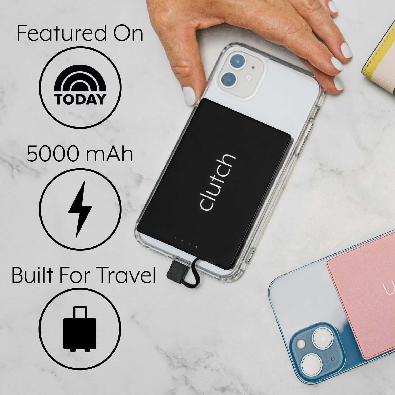 شاحن محمول من نوع Clutch - Pro USB-C - متوافق مع أجهزة iPhone 15 و16 وAndroid - بطارية مغناطيسية - معتمد من إدارة أمن النقل - قابل لإعادة الشحن عبر USB - كابل مدمج - 5000 مللي أمبير - 3.7 أونصة - وردي