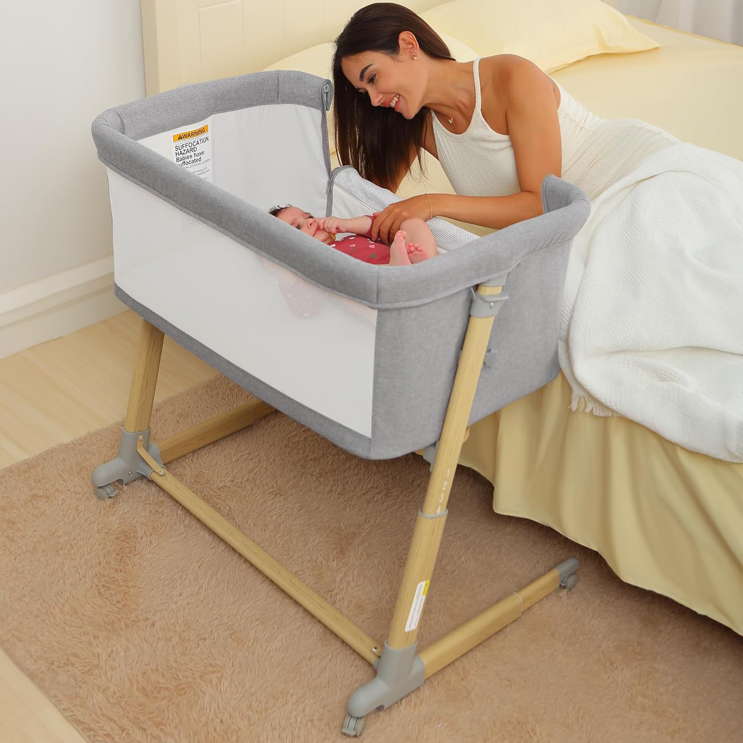 Tempat Tidur Bayi AMKE, Tempat Tidur Samping Tempat Tidur Berbahan Jaring, Portabel untuk Tidur Bersama yang Aman, Tempat Tidur Bayi yang Dapat Disesuaikan, Tempat Tidur Bayi untuk Bayi Baru Lahir (Warna Kayu)